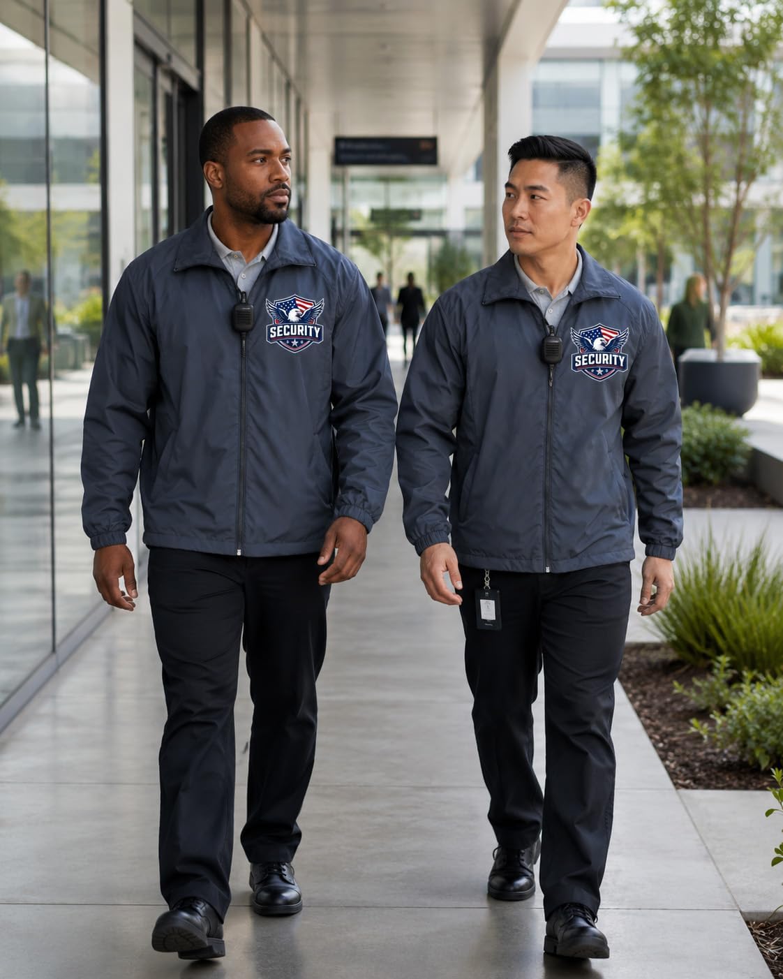 SECURITY zipped up windbreaker with American Flag designs front and back.