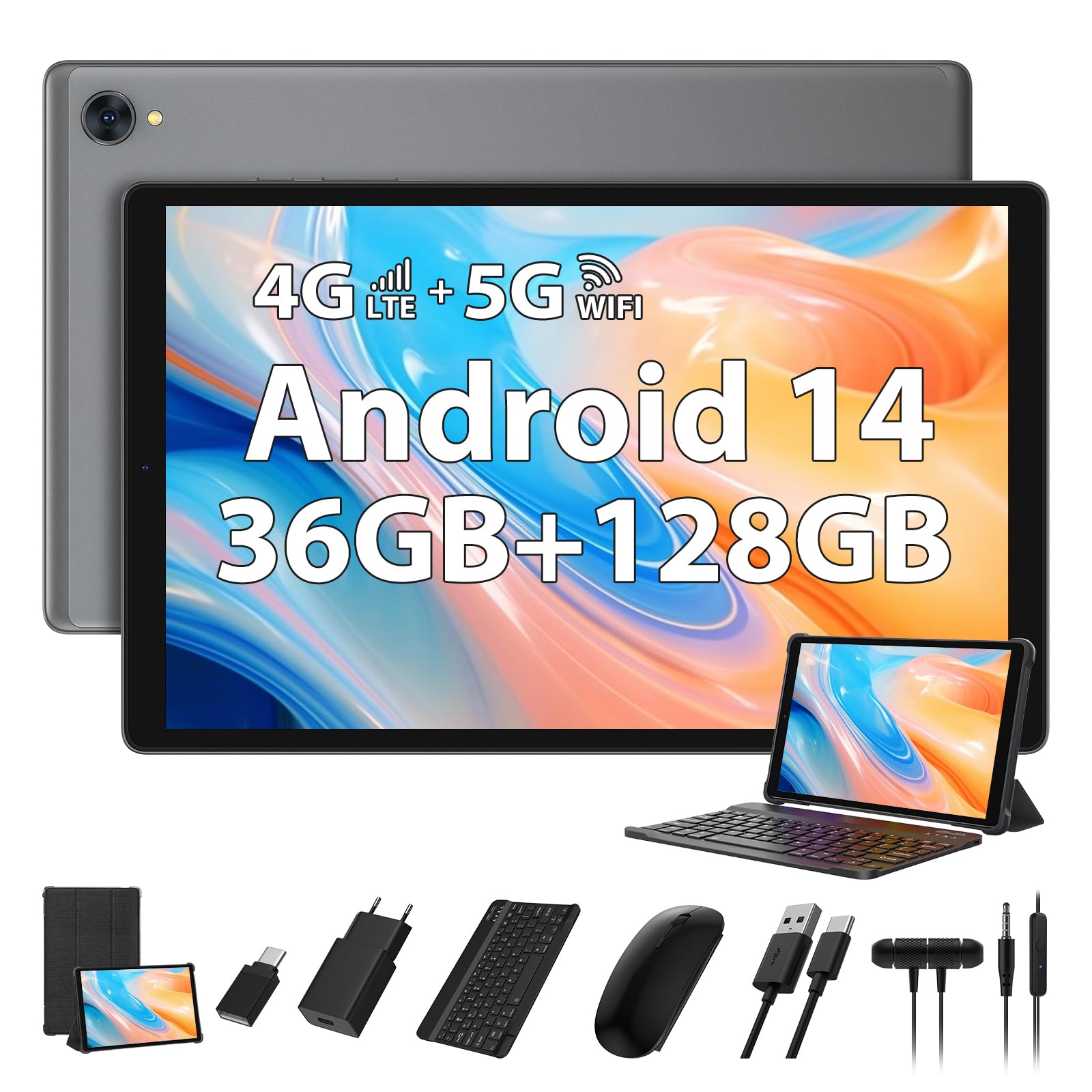 Multiple RUSHAR M820-EEA Tablets displaying various Android 14 applications and features, emphasizing GMS certification and expandable storage.