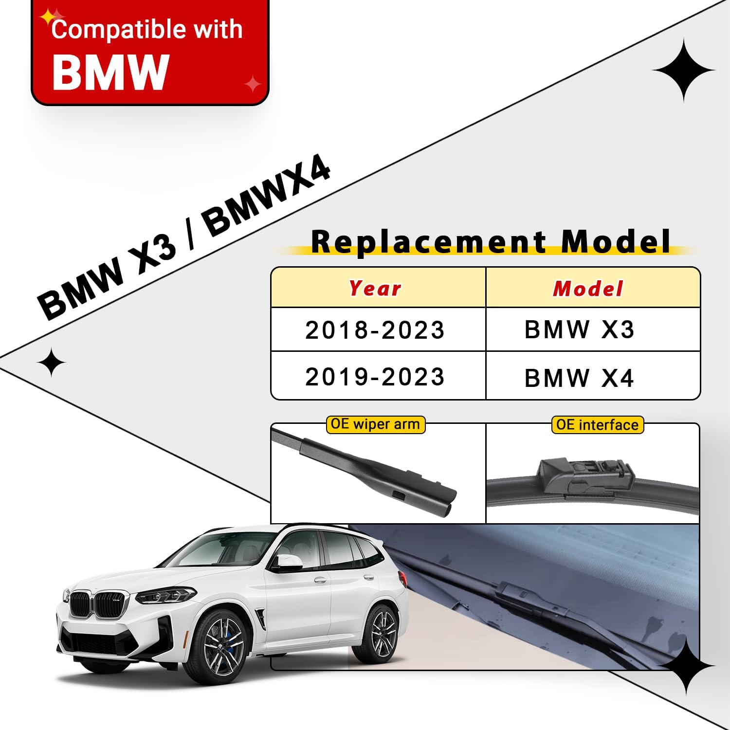 Windshield Wiper Blades Replacement for 2018-2023 BMW X3 X4 Original Factory Quality Front Rear Wipers Blade Set for My Car - 26" 20" 12" (Pack of 3)