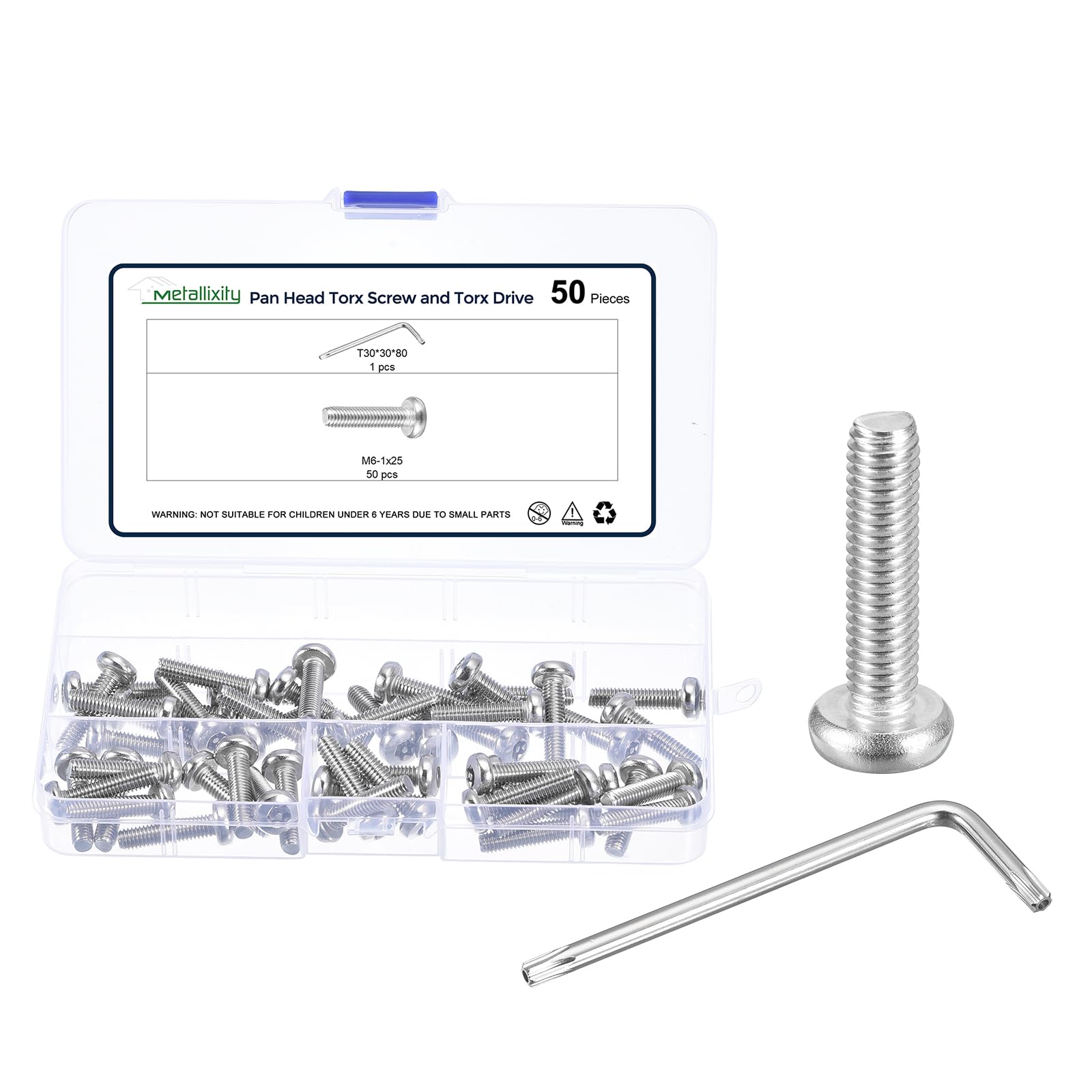 METALLIXITY Pan Head Torx Screws (M6-1x25mm) 50pcs with Wrench, Button Torx Head Machine Screws with One Bit