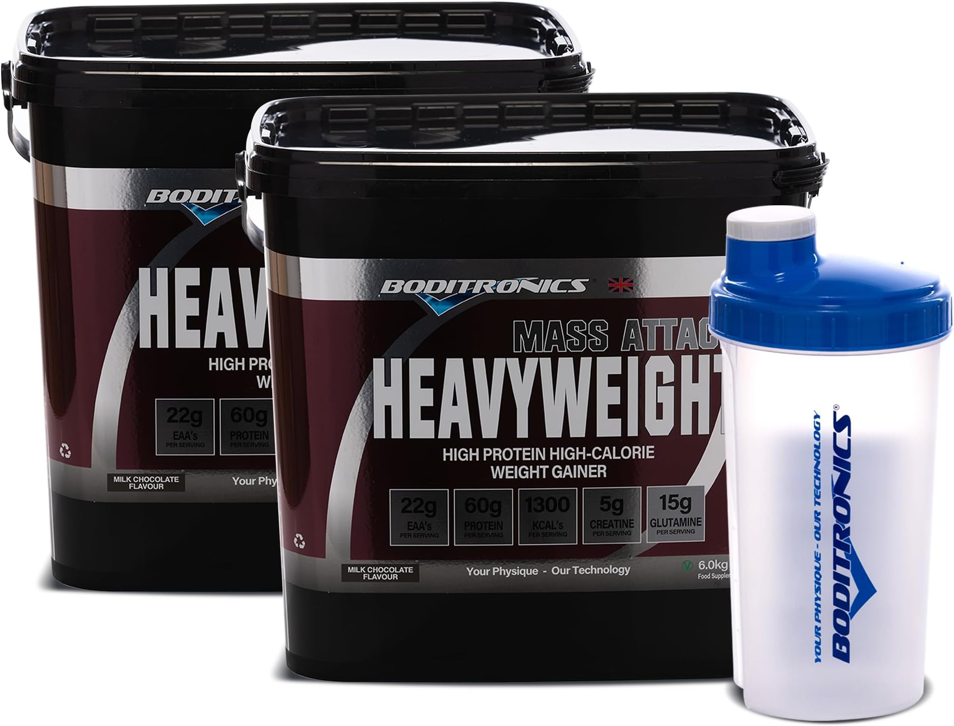 Boditronics Mass Attack Heavyweight Mass Gainer Powder with Free Shaker, High Protein and High Calorie Weight Gainer Protein Powder with 5g Creatine, BCAA, Glutamine and Beta Alanine(Milk Chocolate)