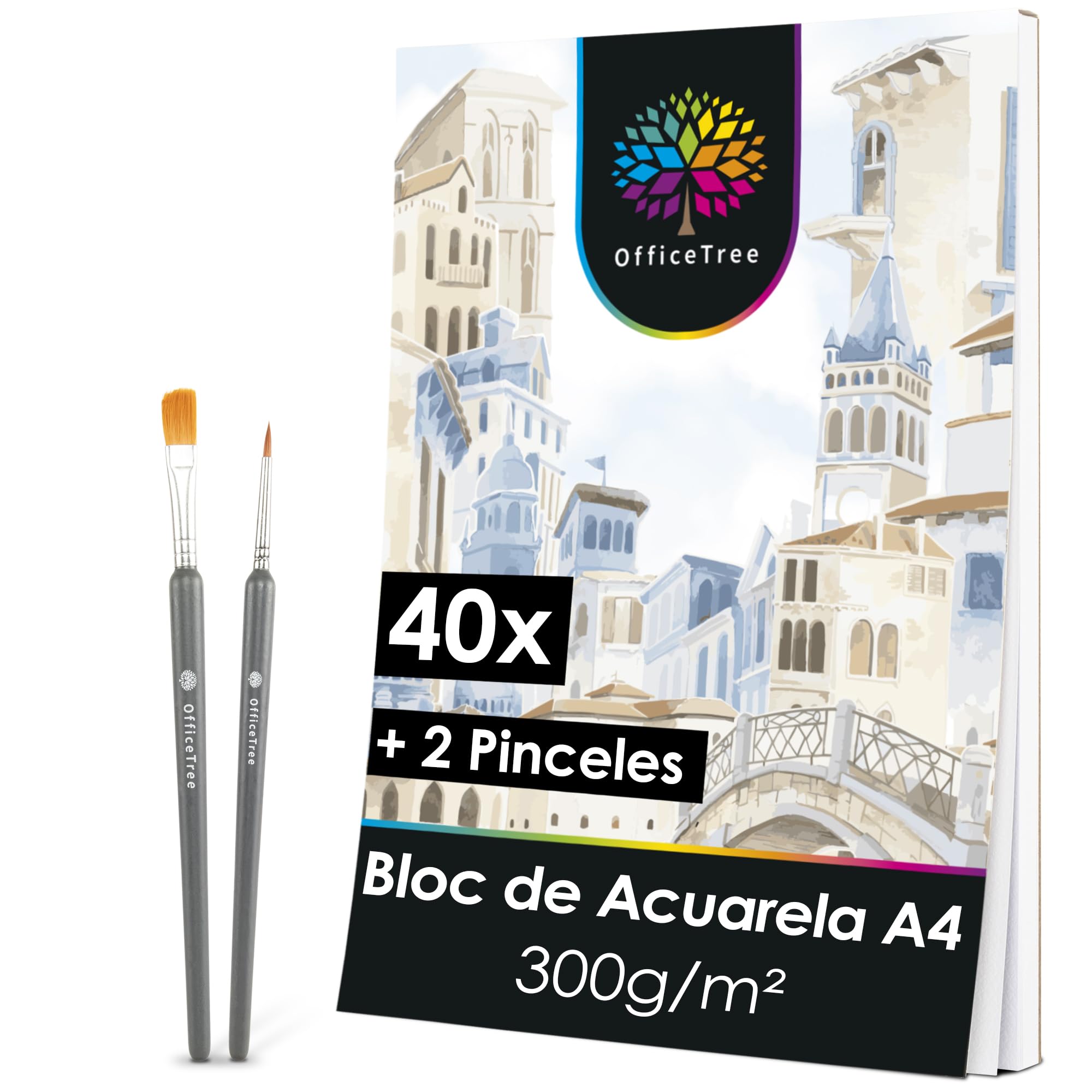 OfficeTree Papel Acuarela 300gr A4-40x Hojas acuarela A4 Incluyendo 2 Pinceles - Bloc de Acuarelas A4 - Watercolour Paper - Papel de Acuarela, Dibujo y Pintar - Papel Acuarela A4