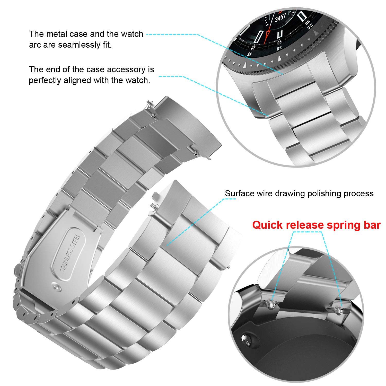 Correa de metal compatible con Galaxy Watch 1.811 in Bandas/Gear S3 Classic/Frontier Bandas Sin huecos Correa De Reloj De Acero Inoxidable De Liberación Rápida Para Samsung Galaxy Watch 1.811 2