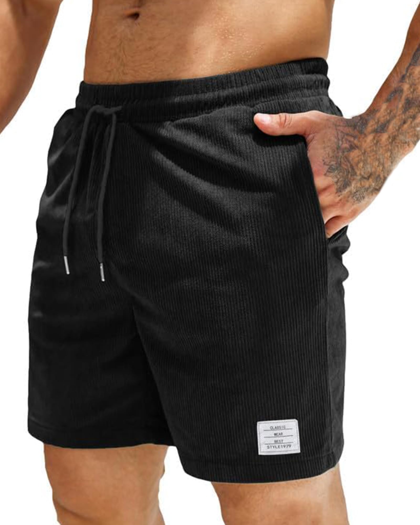 LVCBL Men's Casual Corduroy Shorts Elastic Waist Drawstring with 3 Pockets Classic-Fit Summer Beach Shorts Vacation