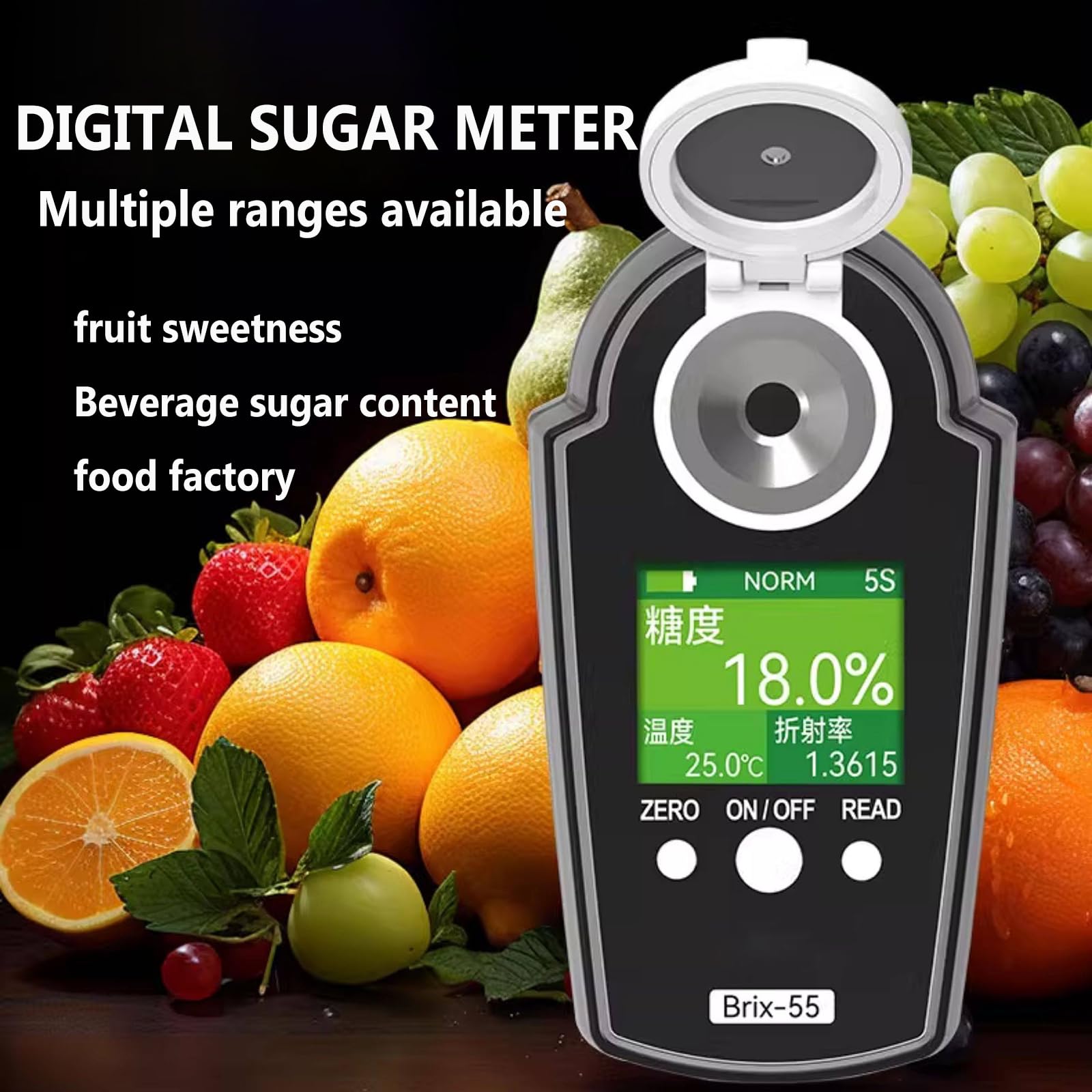 Refractómetro digital Brix, probador de azúcar de frutas de mano LCD, rango de 0-95%, ATC 10-40 ℃, volumen de muestreo de 0,2-0,3 ml, para pruebas de jugos y bebidas