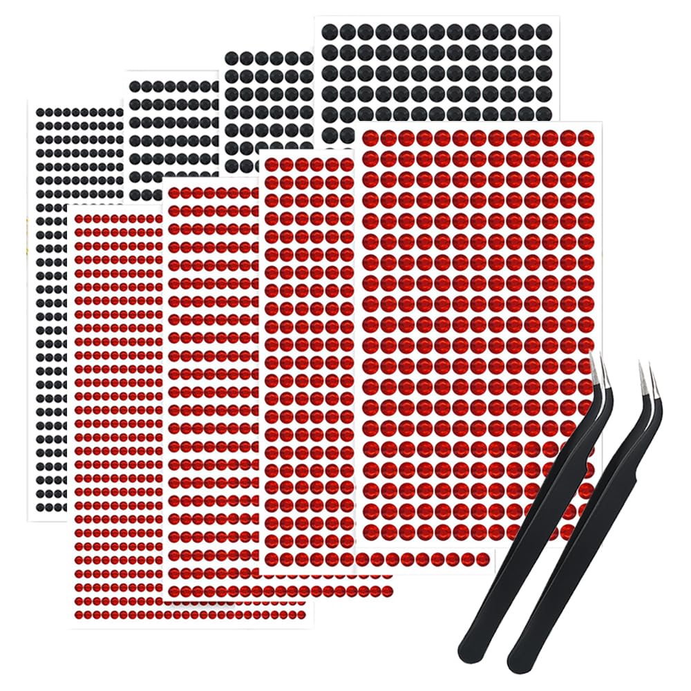 3584 Pièces Strass Autocollant, Strasss Adhesif Rond avec Pincettes Autocollants Strass Rouges et Noirs pour DIY Artisanat les Vêtements d'Artisanat d'Art d'Ongle (3/4/5/6mm)