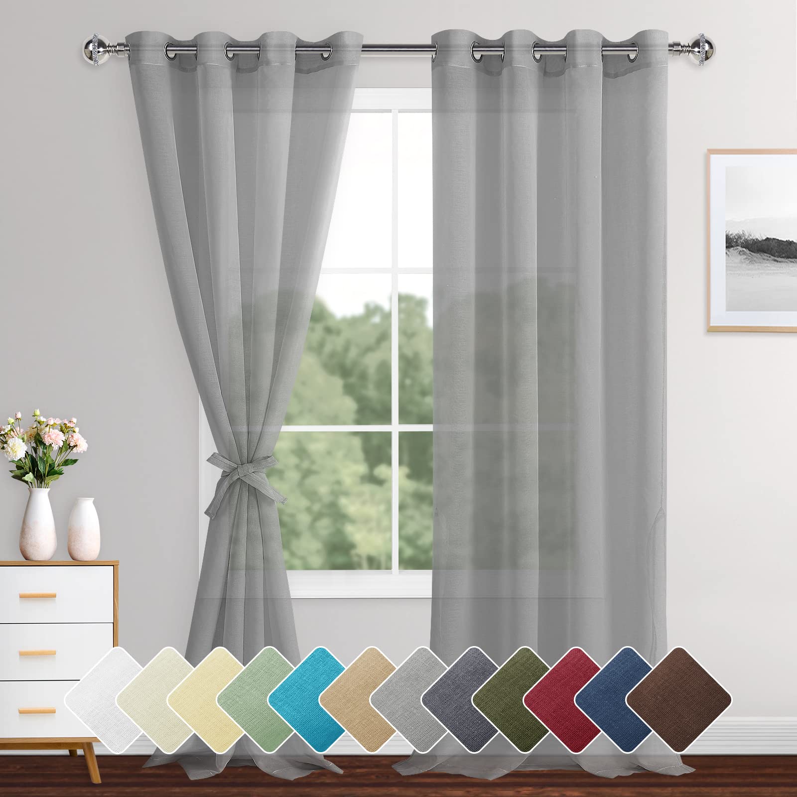 XWZO Linen Look Voile Curtains Gray,Grommet Top Semi Transparent Eyelet Sheer Drapes for Living Room,Kids Room,W55*L95,2 Panels
