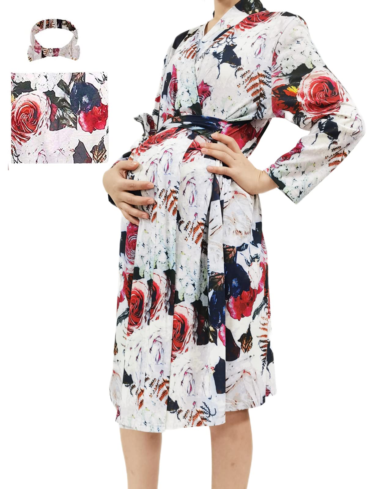 SUFEINI Maternity Robe and Matching Baby Swaddle Blanket Set, Mommy Robe with Receiving Blanket Girls Boys Sleepwear