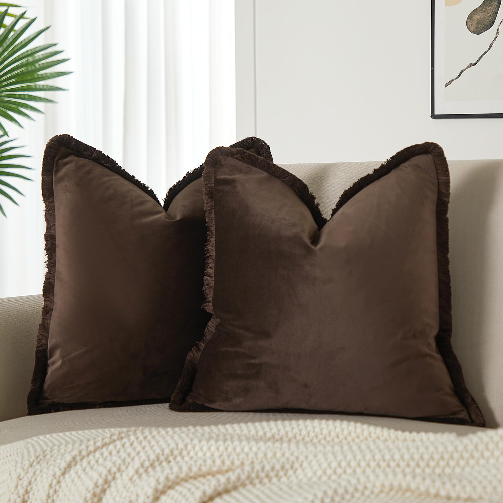 JUSPURBET Pack of 2 Coffee Decorative Fringe Velvet Throw Pillow Covers 22x22 for Home Decor Living Room Bedroom Car Boho Soft Cushion Cover with