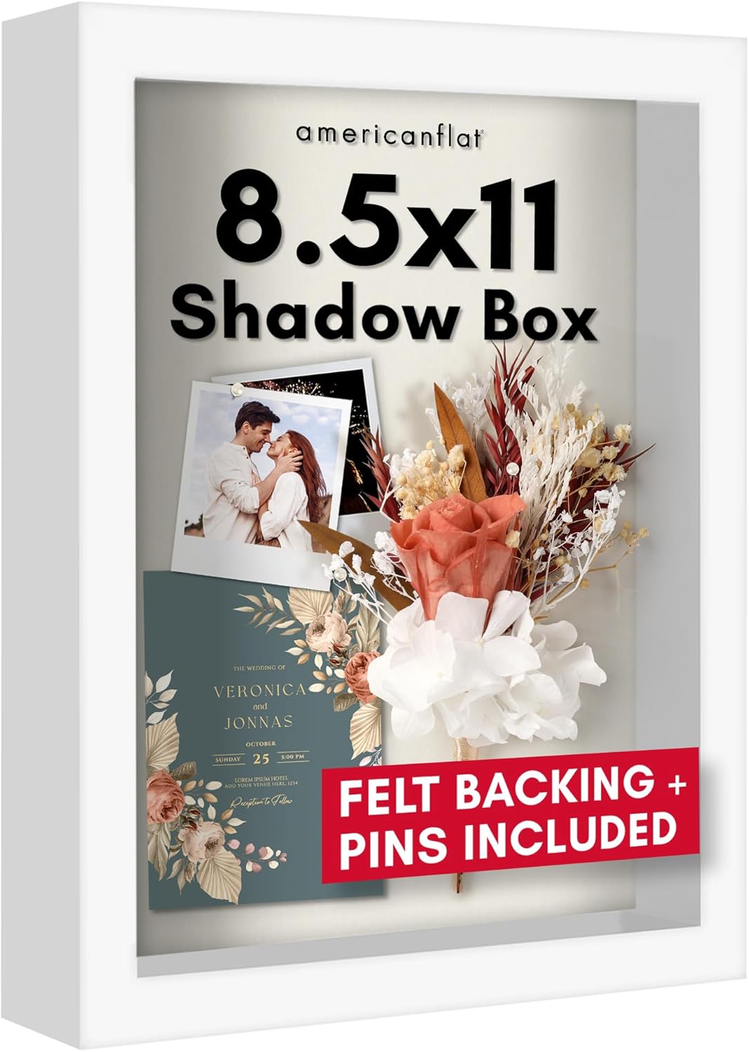 Americanflat 8.5x11 White Shadow Box Frame - Shatter-Resistant Glass, 1.5" Deep Silhouette Display Case for Photos, Medals & Memorabilia - Tabletop or Wall Mount