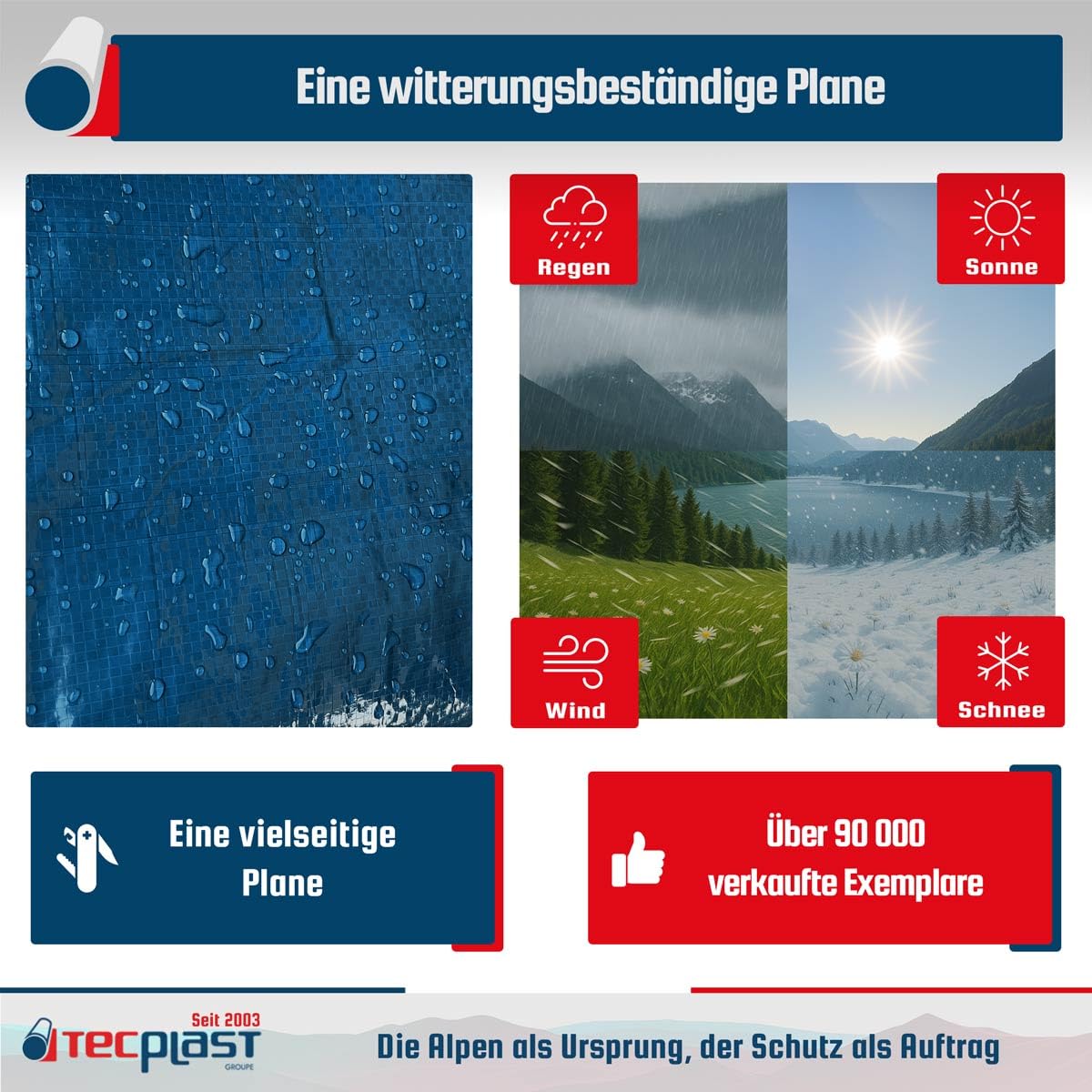 Schutzplane 5x8 m - TECPLAST - SR150MU - Blau und Grün - Hochwertige Qualität - wasserdichte Outdoor-Plane mit Ösen