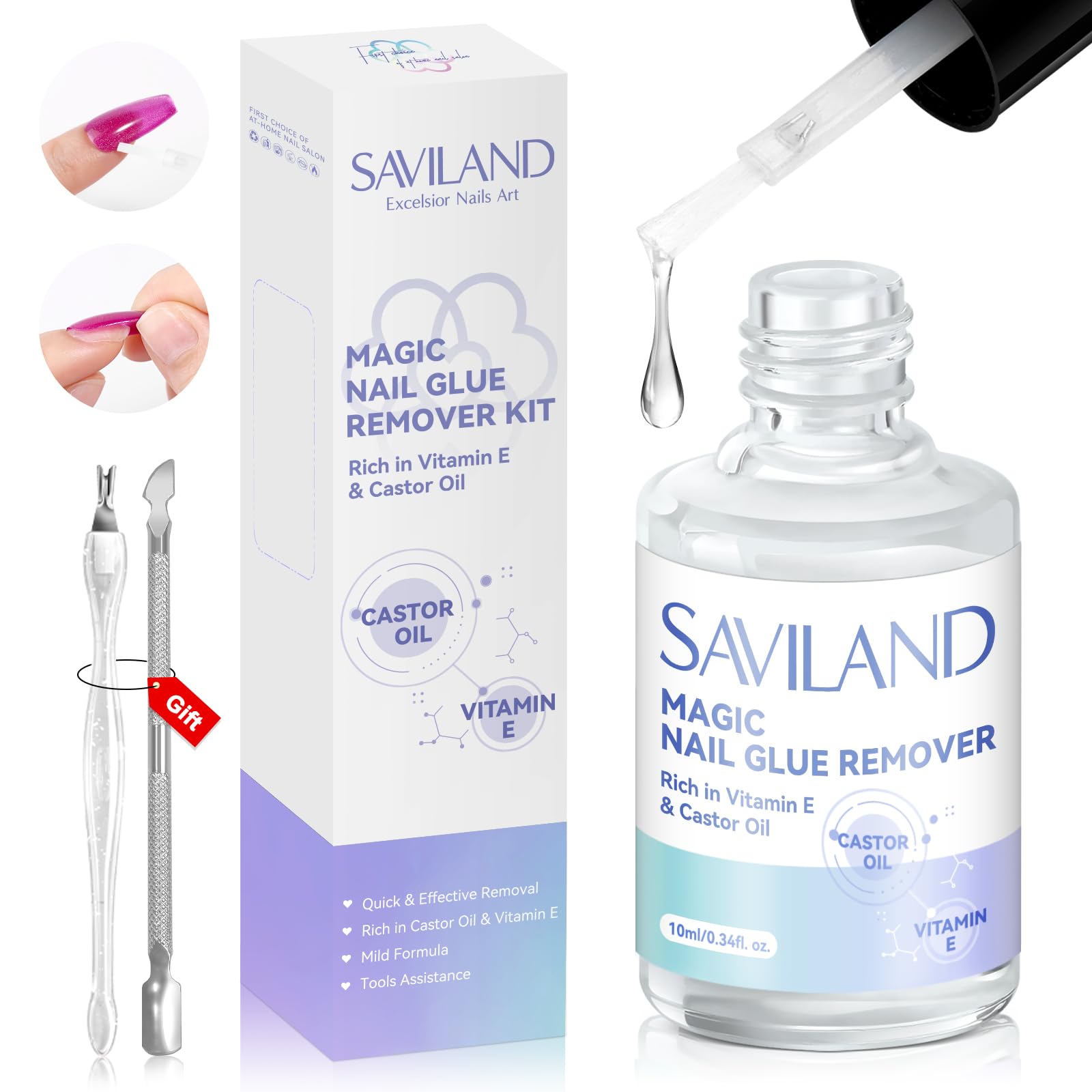 Saviland Nagelkleberentferner-Set: Rizinusöl,Vitamin E,Nagelkleberentferner für Kleber auf den Nägeln,Nagelhautschieber,zum Aufdrücken der Nägel,künstliche Nägel,Nagelgabel,Aufdrücken von NägelnV