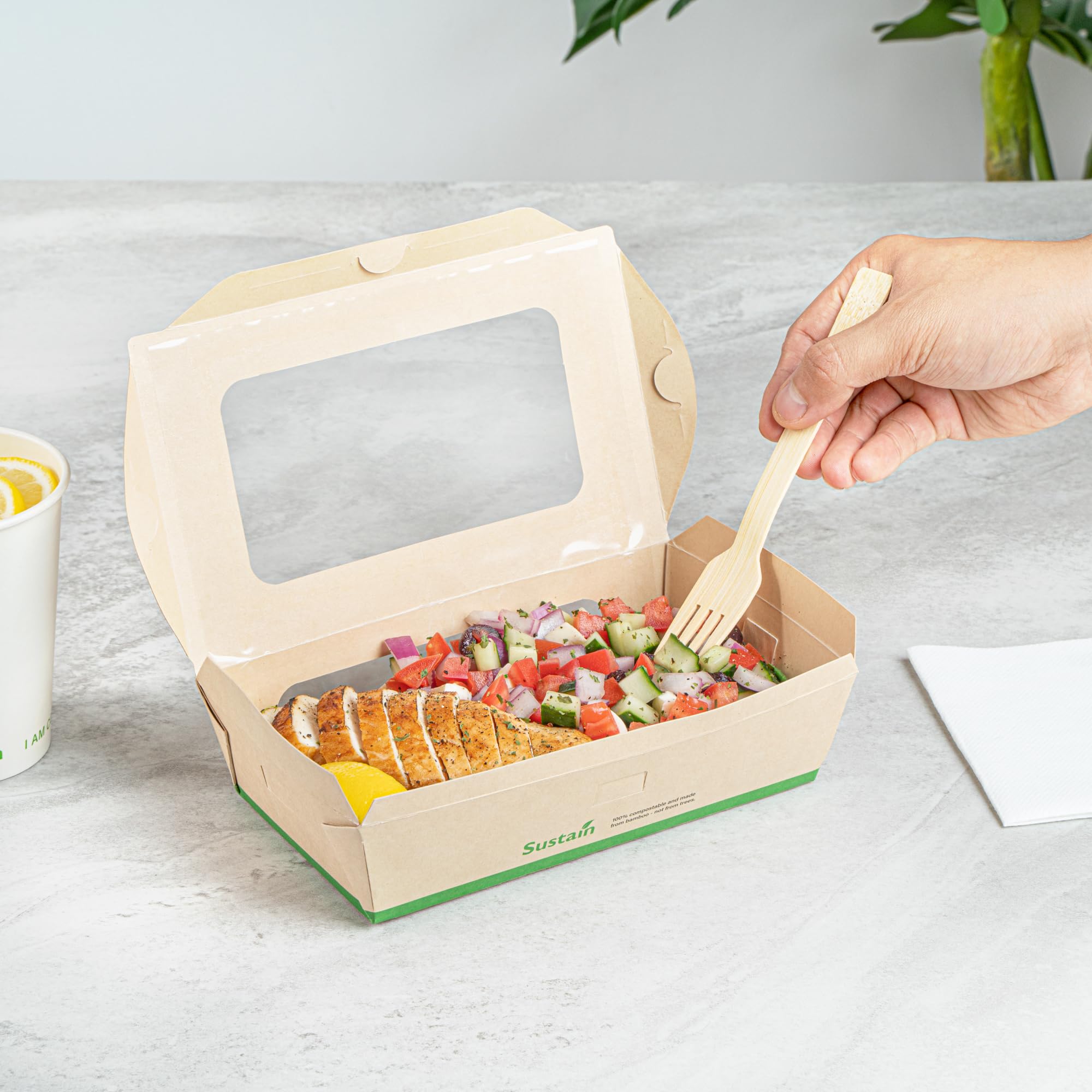 Restaurantware - Stabile Papierboxen zum Herausnehmen von 100 ml, 200 Einwegbehälter zum Herausnehmen – mit PLA-Futter, zwei transparenten Fenstern, Bambus-Papierbehältern, kompostierbar,