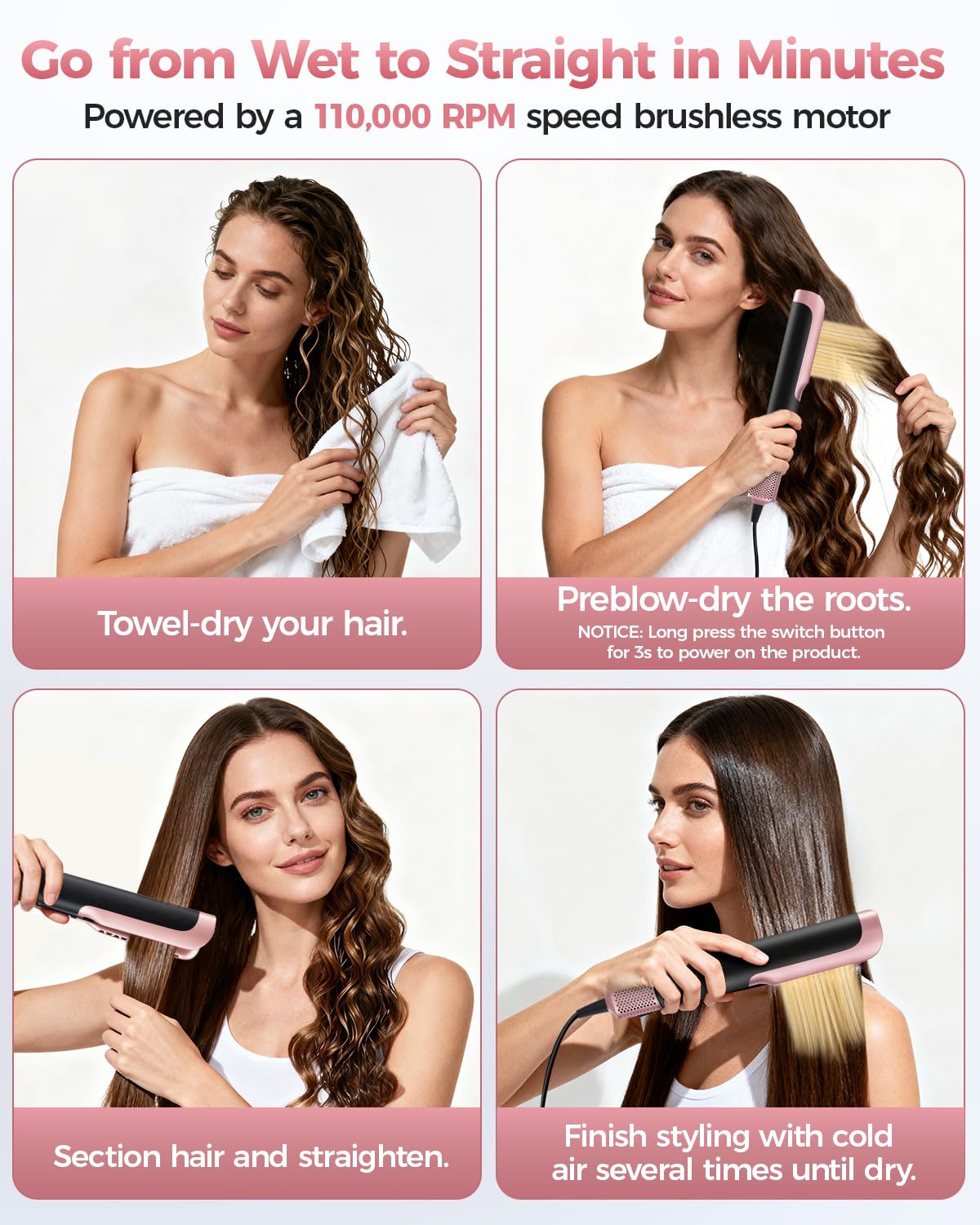 Air Piastra Capelli e Asciugacapelli 2 In 1 - Piastra che Asciuga e Stira i Capelli, Nessuna Piastra Riscaldante/Nessun Danno da Calore, 110.000 RPM Piastra per Capelli, 1300W, Nero e Oro Rosa
