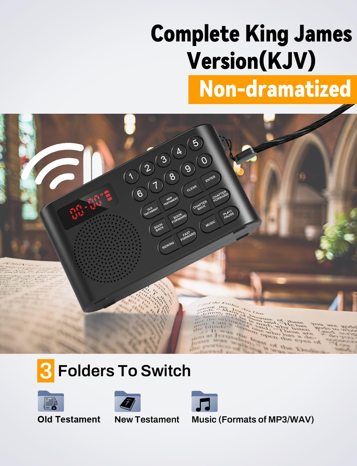 KJV - Reproductor de audio de la Biblia para personas mayores, con discapacidad visual (negro) | King James - Biblia electrónica de audio, disléxicos y no lectores, portátil, regalo religioso con conector para auriculares