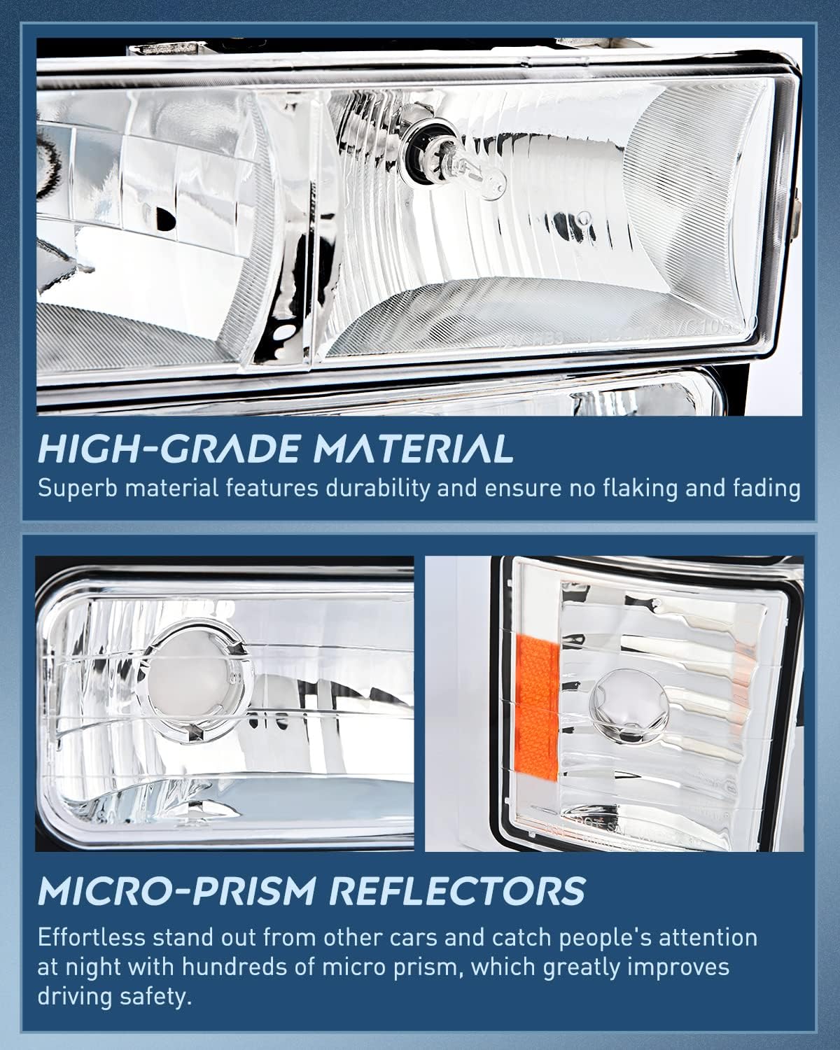 Nilight Headlight Assembly for 1994 1995 1996 1997 1998 GMC Suburban Yukon Sierra C/K Series 1500 2500 3500 Replacement Headlamp Chrome Housing Amber Reflector Bumper Corner Lamp