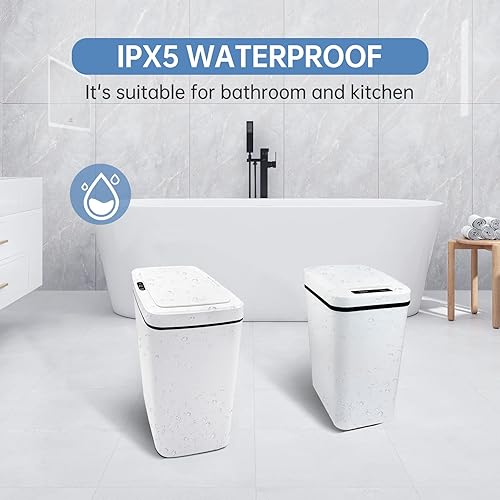 Miniatura 5 de BIGEBAN Paquete de 2 basureros de baño sin contacto con tapa 25 galones delgado inteligente bote de basura con sensor de movimiento automático para