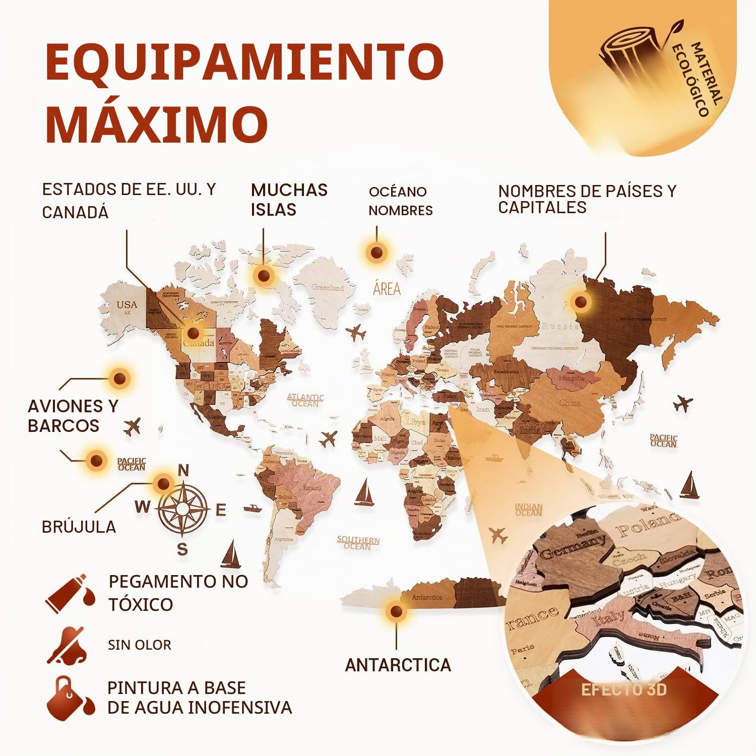Mapamundi de Madera en Inglés - Decoración 3D sin Taladrar | Contrachapado de abedul multicapa, 324 pines con banderas, 120x62 cm, solo 1,6 kg, montaje adhesivo, cabe sobre el escritorio