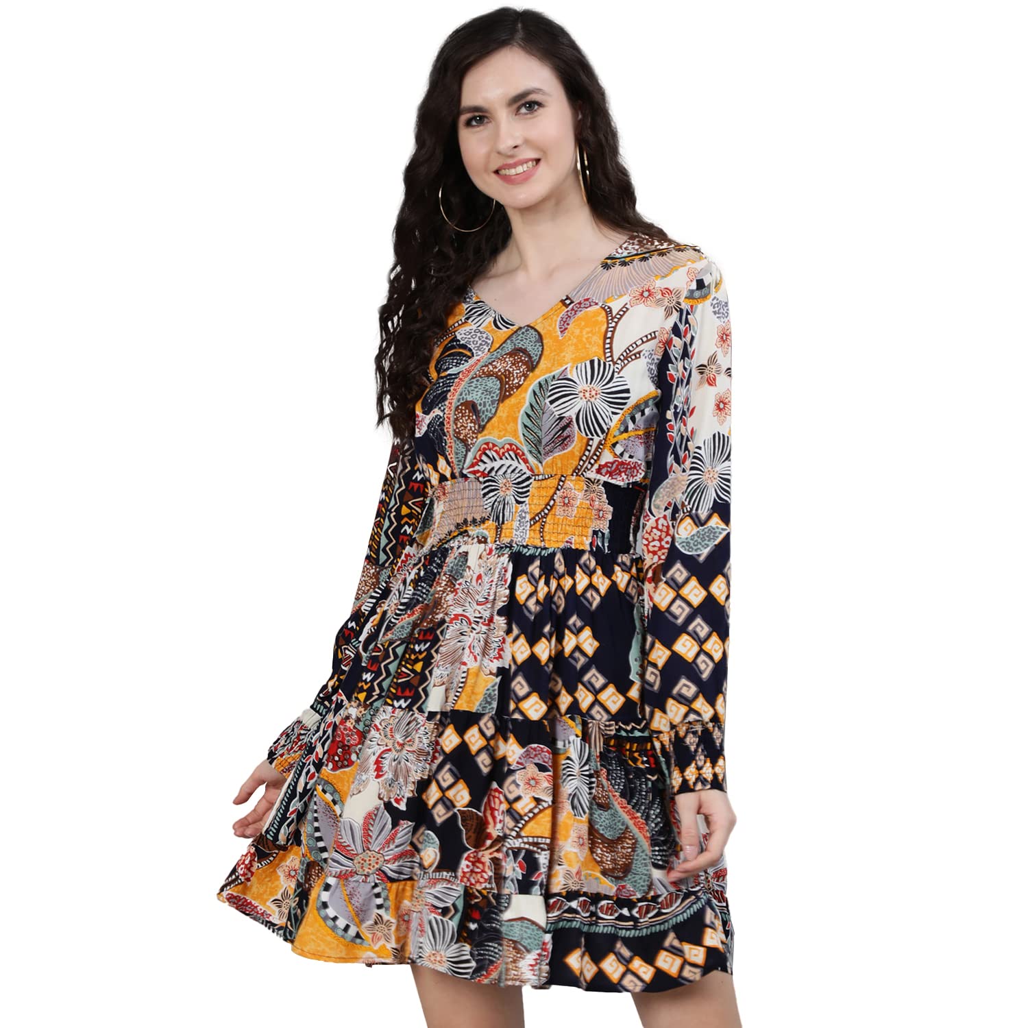 Ishin Women's Viscose Rayon Multi Coloured Floral Printed Dress