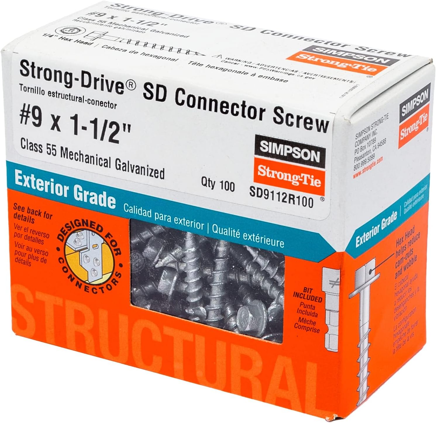 Strong-Tie SD9112R100 Strong-Drive SD Connector Screw #9 x 1-1/2 in. 1/4-Hex Drive, Mech. Galv. (100-Qty)