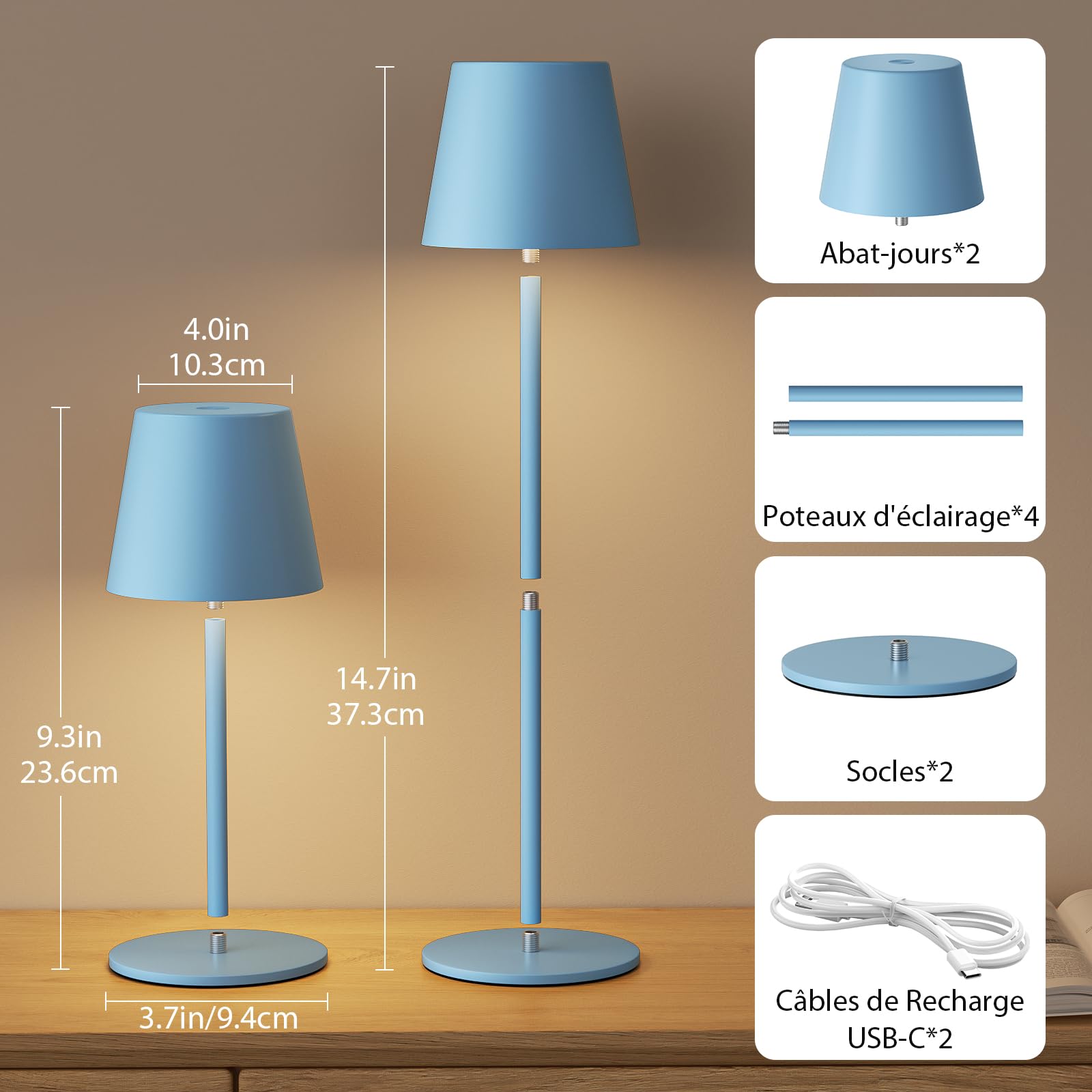 2 Pièces Lampe de Table LED Sans Fil pour Extérieur Intérieur