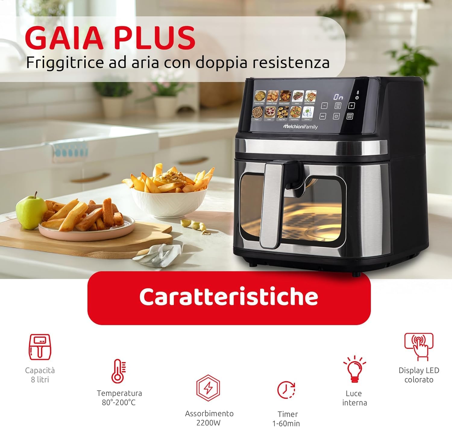 Friggitrice ad Aria 8 Litri Melchioni Gaia Plus Doppia Resistenza 2200 watt Compatta Display Led a Colori 10 Programmi Timer 60 Minuti Vetro 118340044 by Dimensione Elettronica (Ricondizionato)