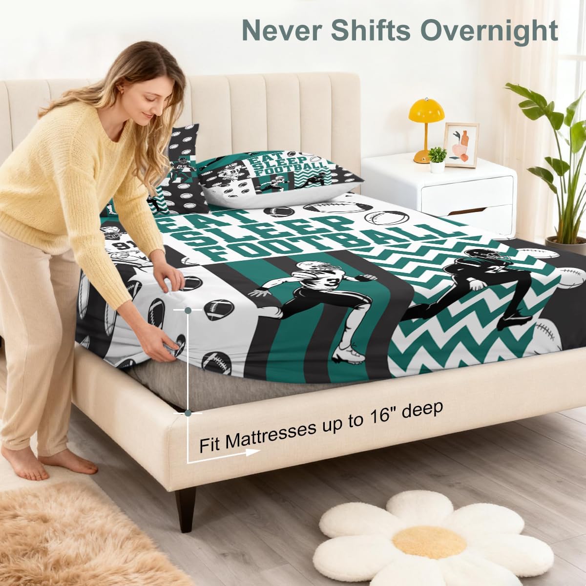 Football Bed Set 3-Piece Wrinkle-Free Soft Microfiber Eat Sleep Football Bedding California King Sports Themed Bedroom Decor for Boys 1 Fitted Sheet and 2 Pillowcases(Without Flat Sheet)