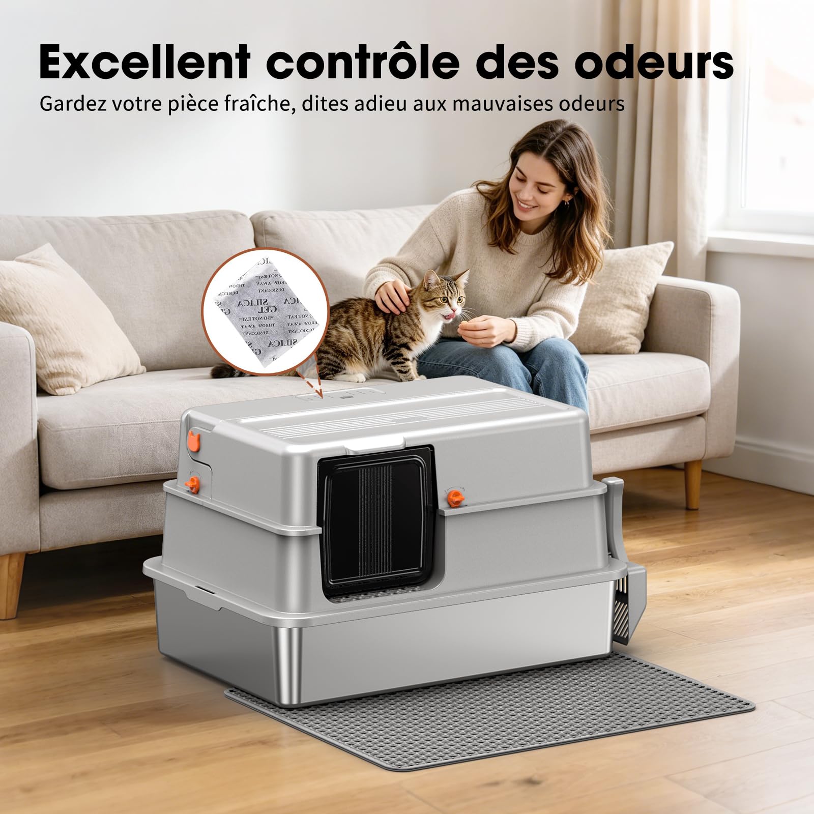 Bac à litière en INOX XXXL – Grand bac Ouvert pour Chat avec Bords Hauts et Panneaux Semi-Transparents, cuve Profonde Amovible pour Nettoyage Facile, antiadhésif, Anti-Fuite, Gris Clair