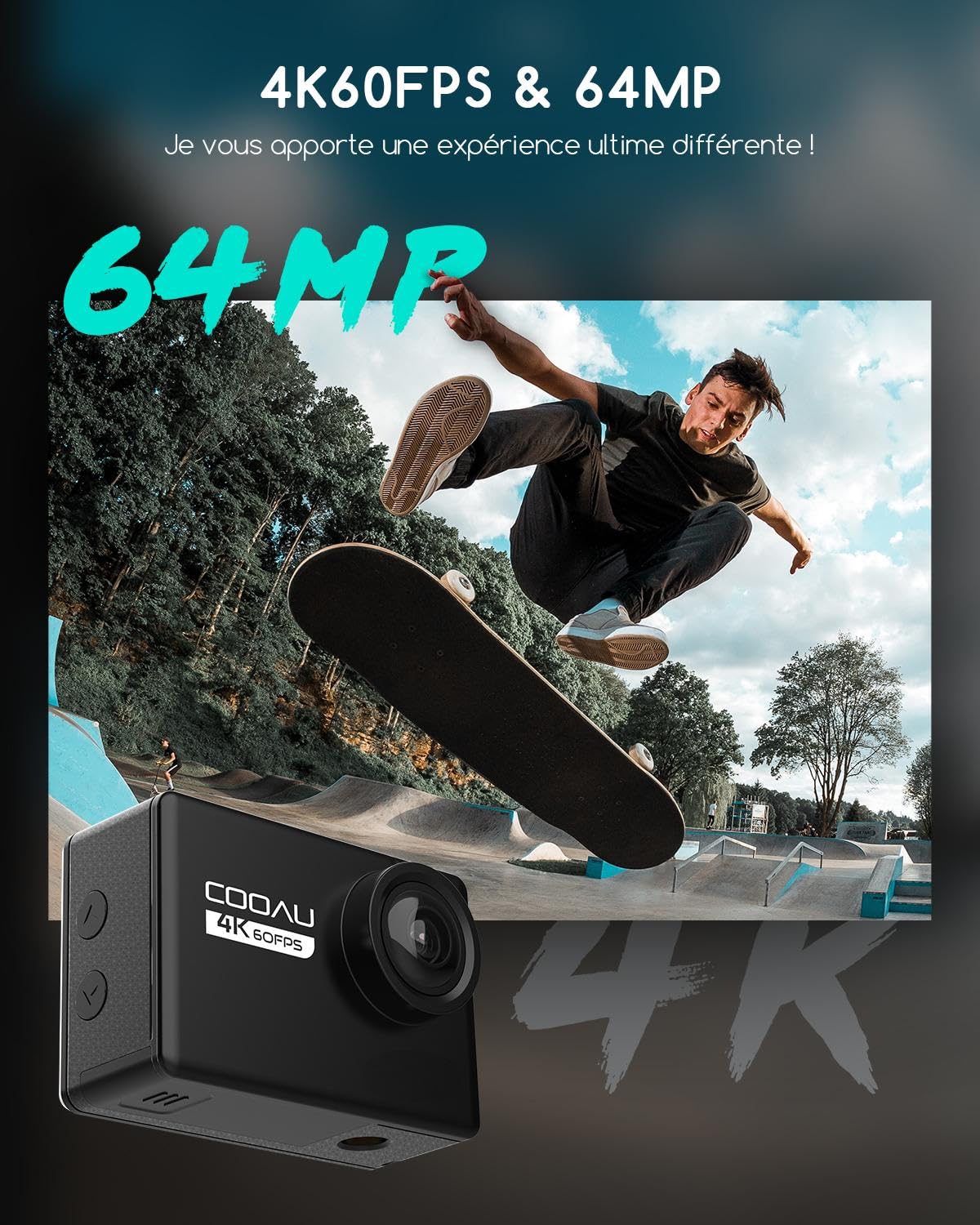 COOAU Caméra de Sport WiFi 4K 60fps 64MP Écran Tactile avec Microphone Externe Caméra sous-Marine 40M Type-C Stabilisation EIS 170° 2x1350mAh