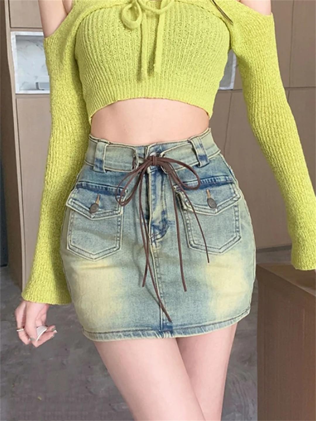 Minigonna vintage a vita alta da donna a trapezio in jeans