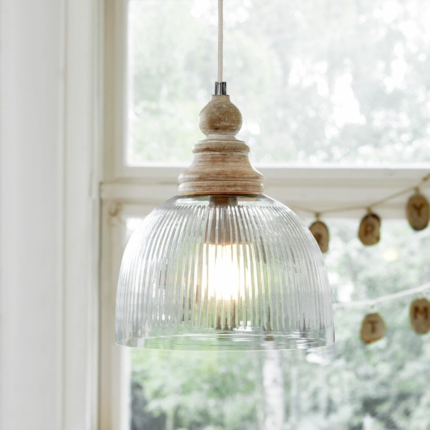 LOBERON Lezáun Suspension - En verre et bois de manguier - Partie haute en bois de manguier à la finition naturelle, transparent/marron