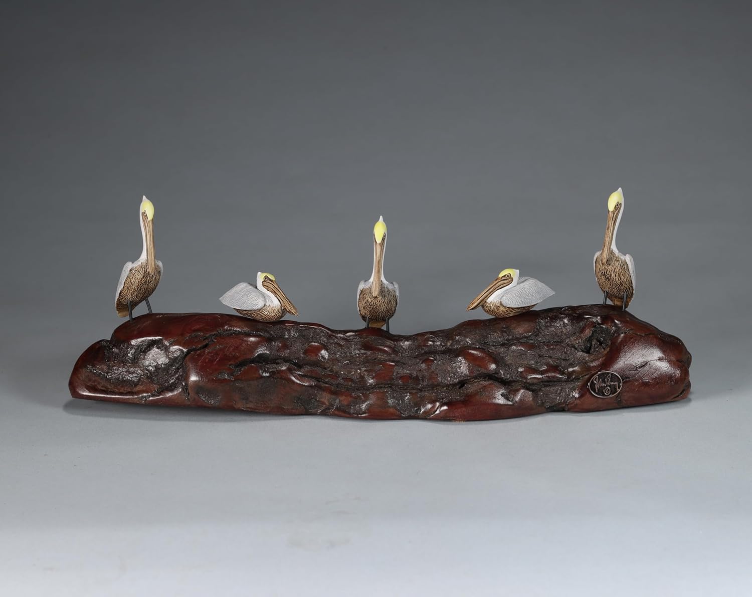 Pelicans Flock of 5 by John Perry 9in Long Perching on Polished burlwood Base. Signed.
