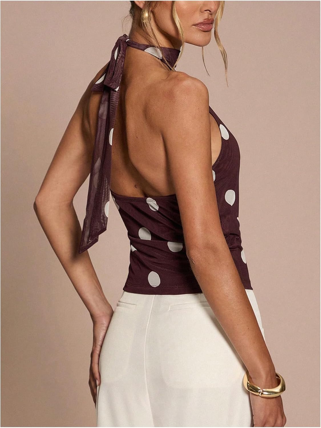 Verdusa Women's Polka Dots Backless Halter Tops Sleeveless Knitted Top Going Out Outfits - Image 2