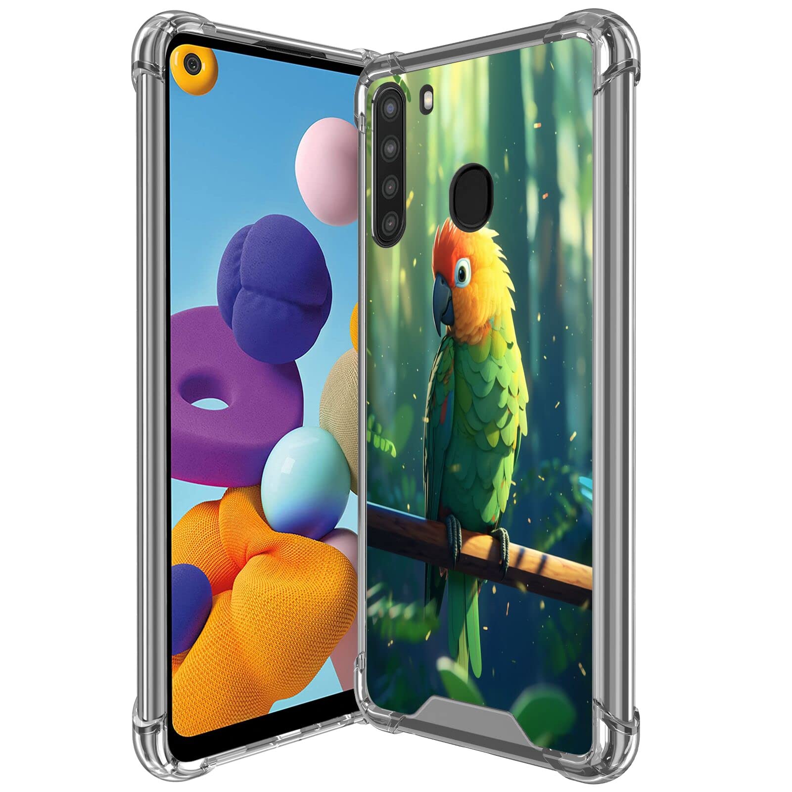 DeweiDirect Clear Case for Samsung Galaxy A21 with Parrot Designer Art32 Pattern Slim Transparent TPU Four Corners Reinforced Protection Shockproof Scratch-Resistant