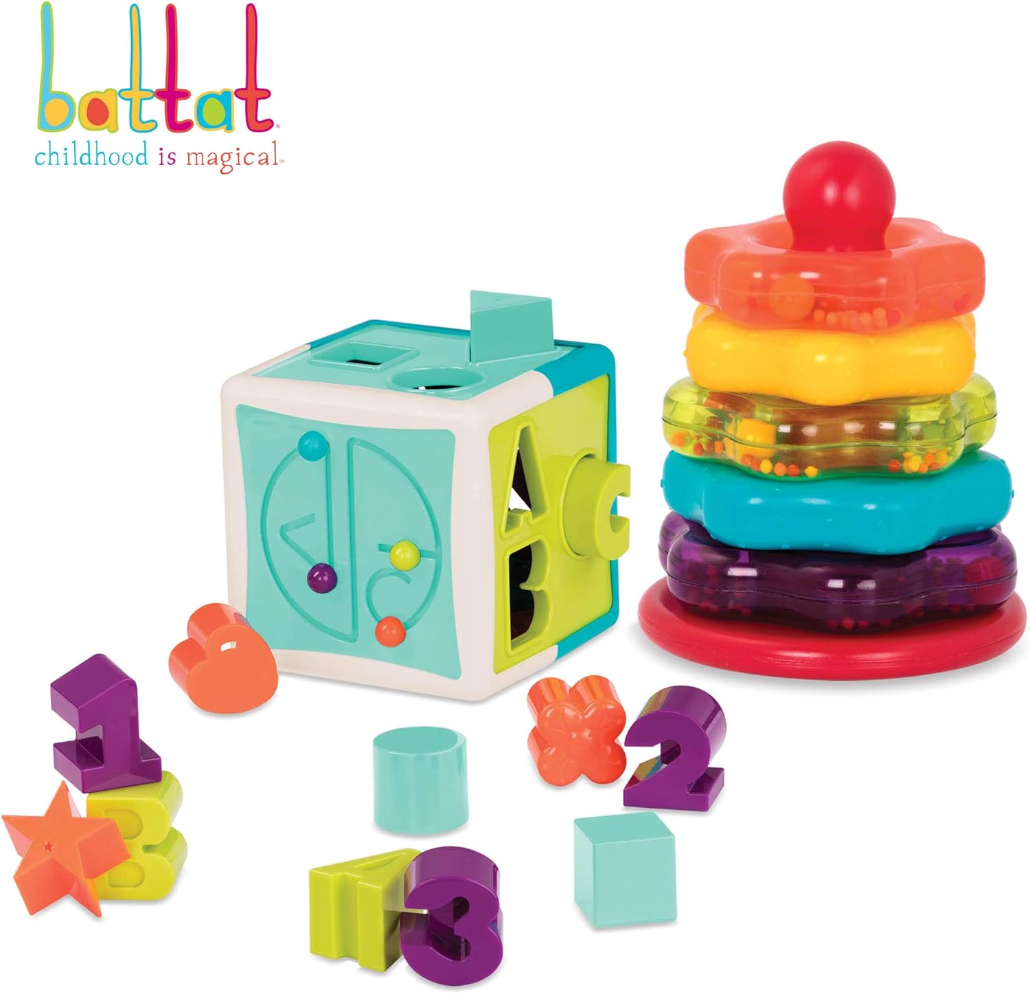 Battat – Shapes, Numbers & Letters – Toddler Sorting Activity Cube – Dexterity Toy – Bead Maze – 2+ Years – Shape Sorter Cube