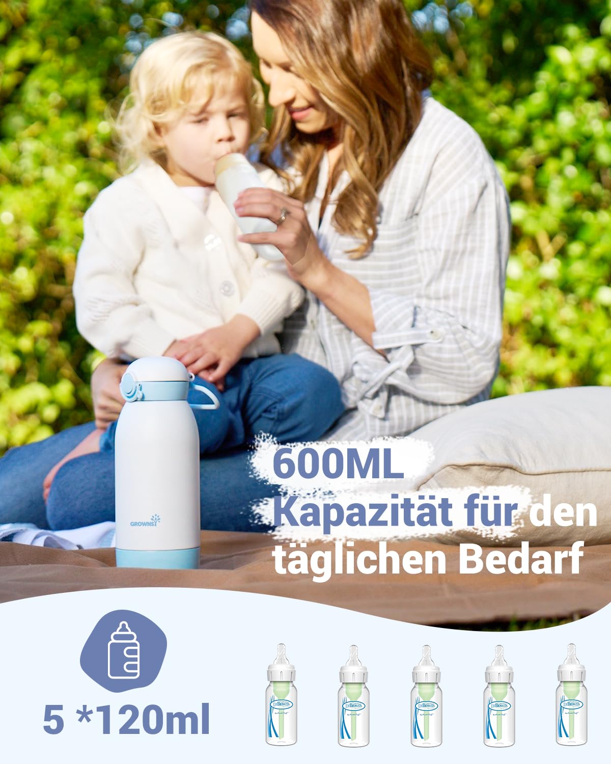Flaschenwärmer baby unterwegs GROWNSY Tragbarer fläschchenwärmer für travel Schnellheizender mobiler Babyflaschenwärmer mit 10000mAh Akku 600ml Kapazität und Temperaturkontrolle für die Reise