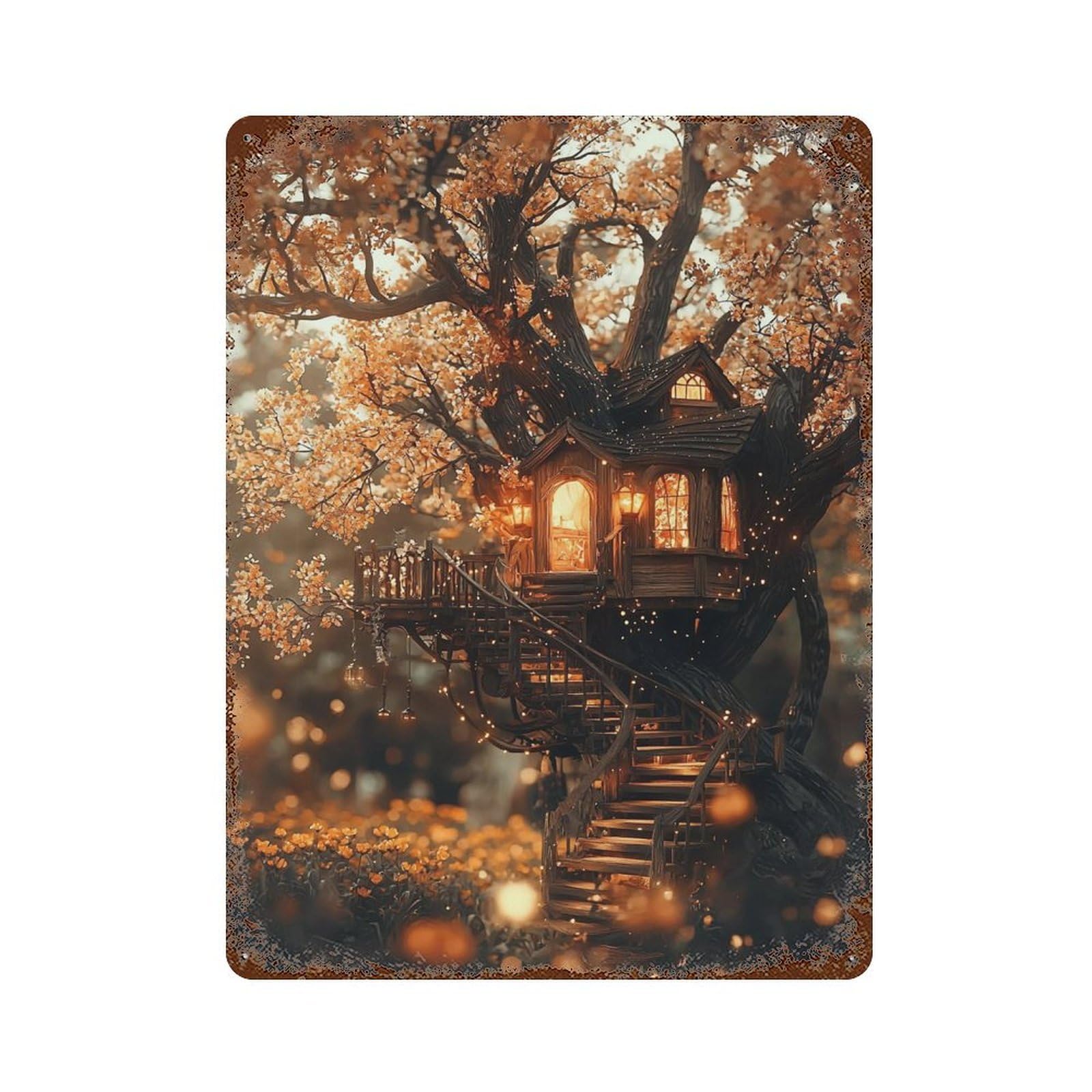 Magical Treehouse Lighting Rusty Metal Tin Sign 15.7"x11.8", for Shed, Workshop And Garage Wall Decor, Novelty Wall Decor