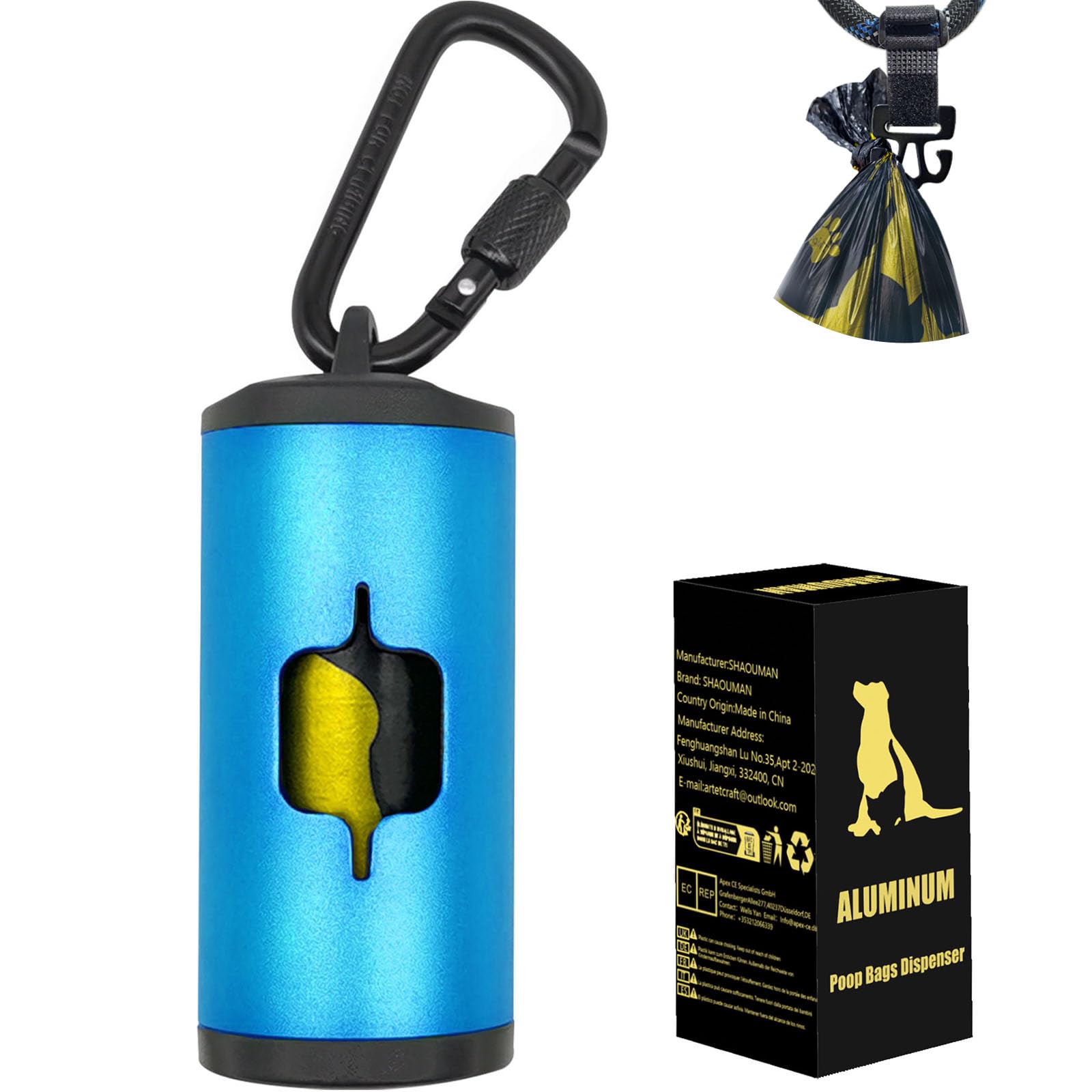 Porta sacchetti in metallo per cani con clip per guinzaglio, in alluminio resistente ai graffi, 15 sacchetti + 3 accessori (blu)