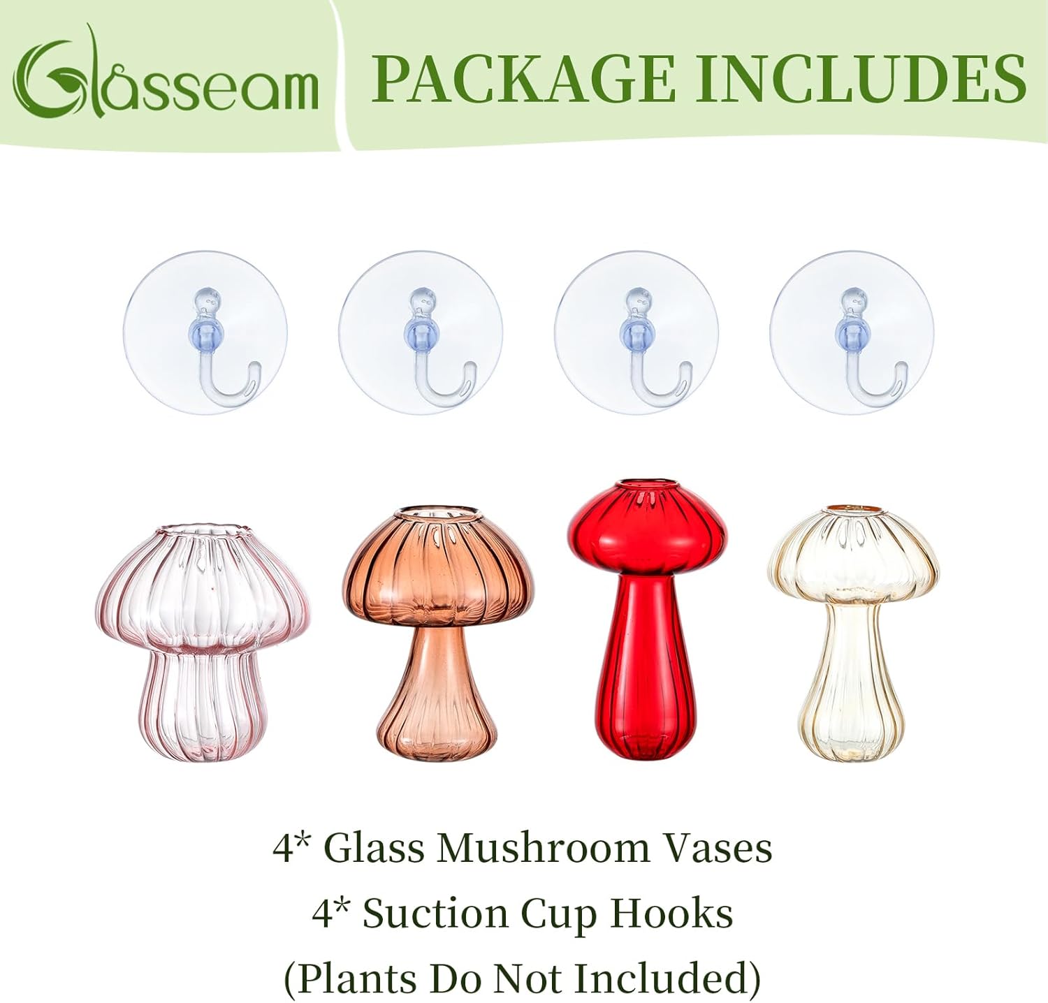 Glasseam Window Propagation Stations, 4Pcs Colored Mushroom Propagation Vases with Suckion Cups, Glass Wall Hanging Planter Terrariums for Flowers, Cute Indoor Small Plant Holder Gifts for Women