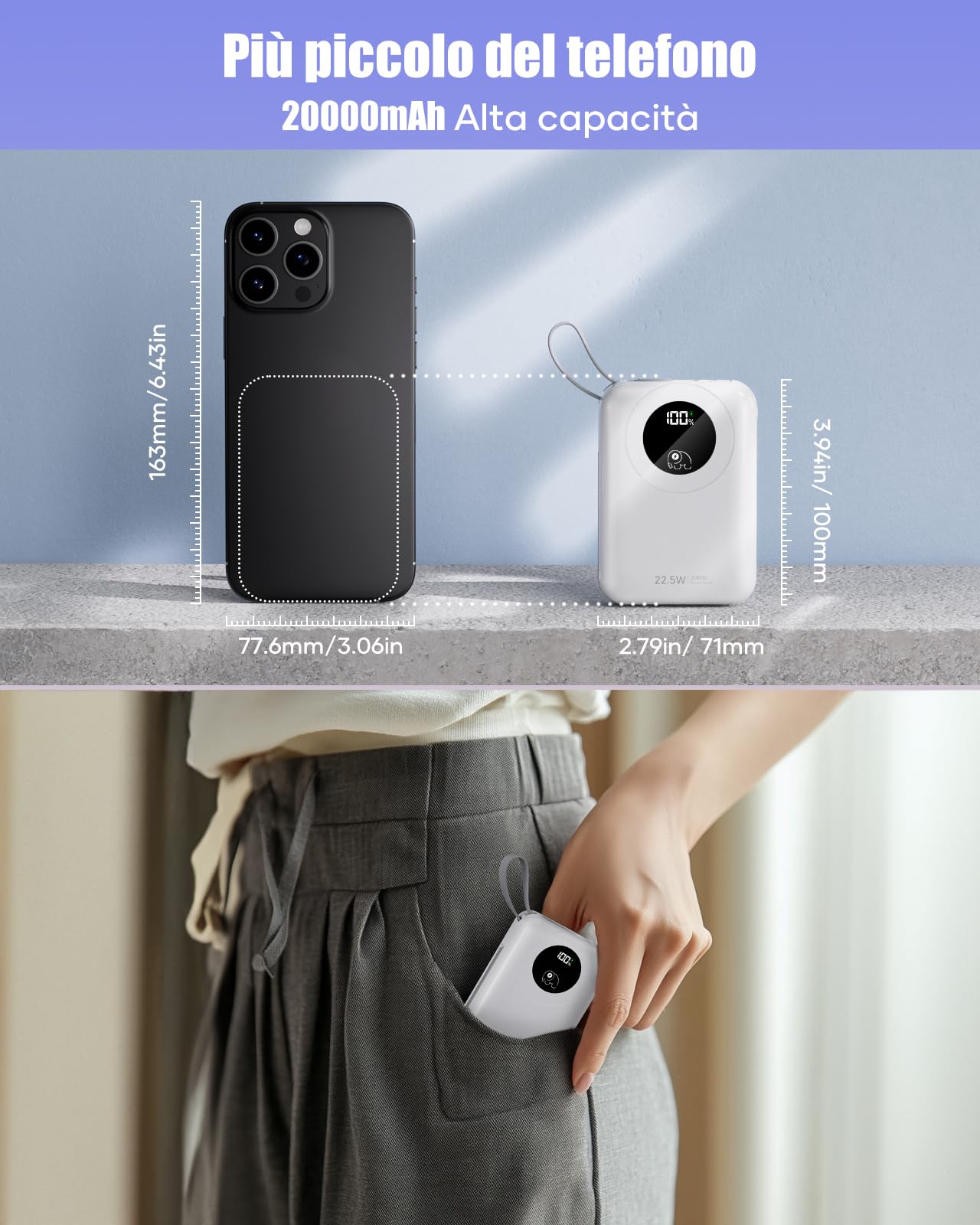 20000 mAh Power Bank con Cavi Integrati: Batteria Esterna a ricarica rapida da 22.5W per telefono cellulare, Pacco Batteria USB C,Caricatore Portatile con 4 uscite e 2 ingressi-Bianco