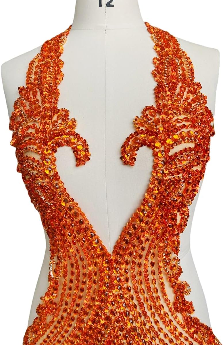 Pure Hand Sewing Beads Applique Rhinestones Trim Patches Shiny Cloth Accessories 15X26in (Orange)