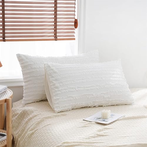 Miniatura 4 de Herside Juego de 2 fundas de almohada de algodón bohemio de lino a rayas jacquard decoración de color blanco suave estándar fundas de almohada 2