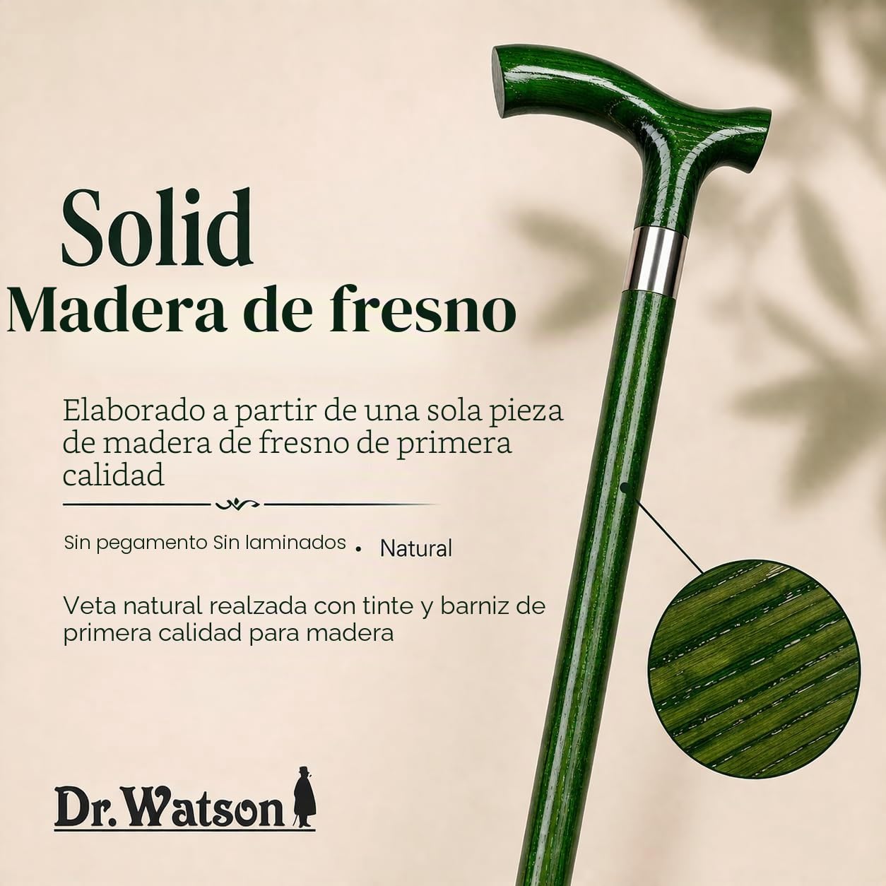 Dr. Watson Classic Fritz Walking Stick – Handcrafted Ash Wood Cane with Polished Stainless Steel Collar