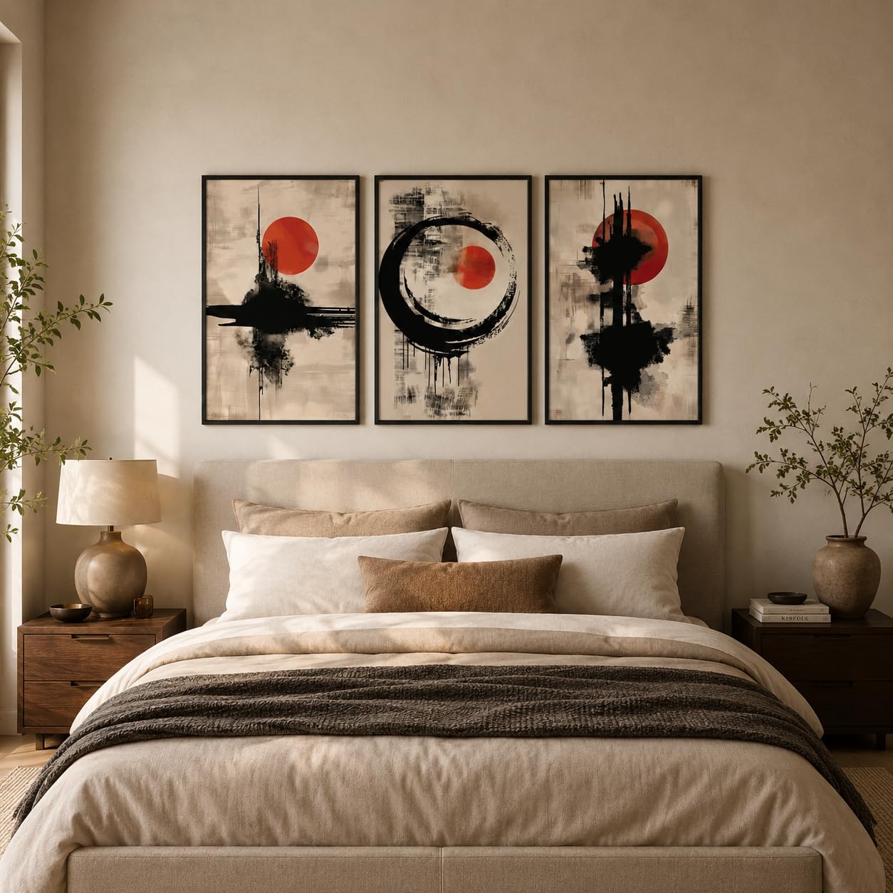 DekoArte - Cuadros decoración salón modernos zen 50x70 cm x3 con marco | Set 3 cuadros con marco negro, impresión abstracta estilo japones en tonos negros, rojos y beige, listos para colgar