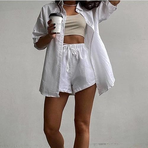 Miniatura 2 de Conjunto casual de 2 piezas para mujer, conjunto de camisa de lino de algodón liso con botones, pantalones cortos de cintura alta, conjuntos de ropa