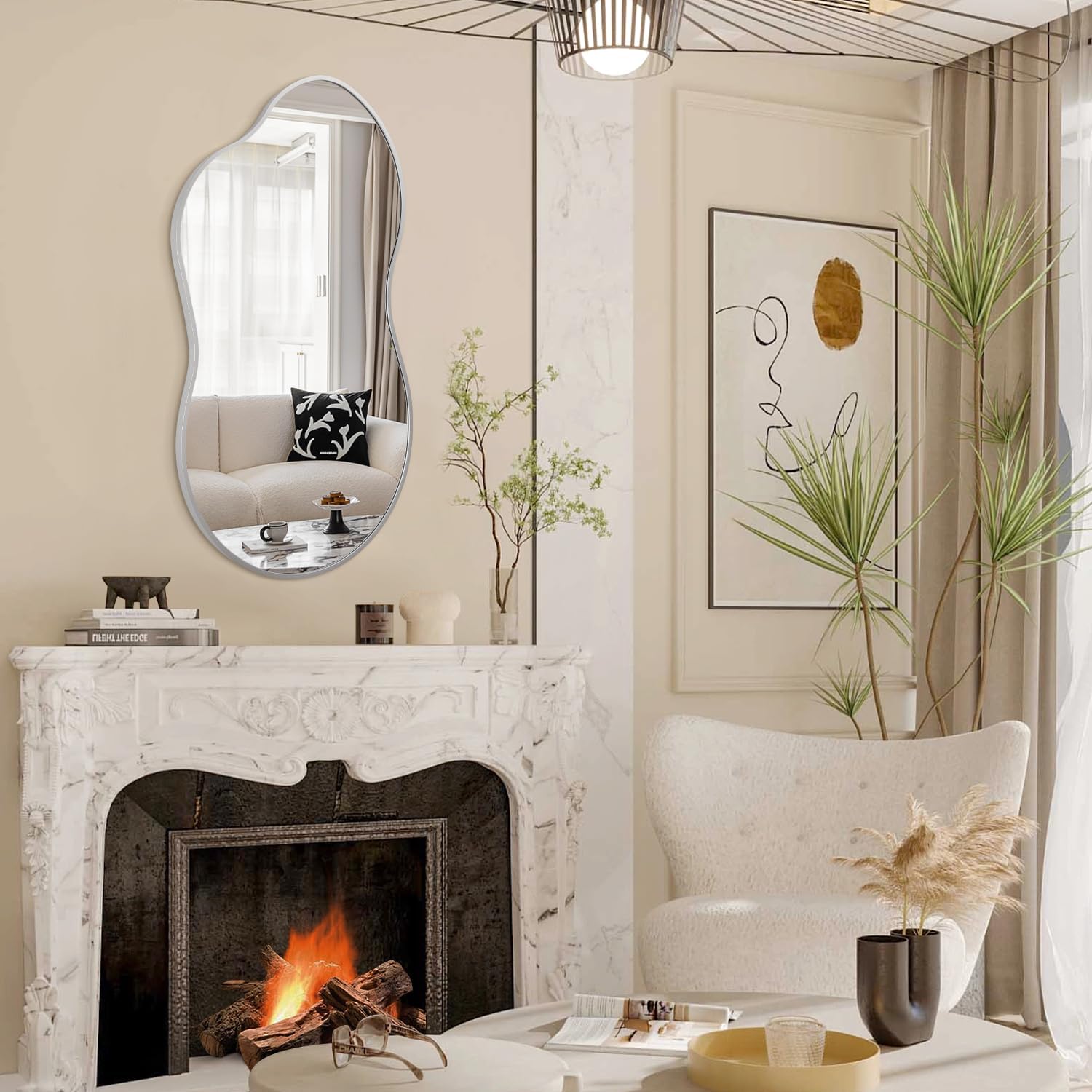 JJUUYOU Bathroom Wall Mirrors Irregular Mirrors for Wall Large Brushed Metal Frame 20"x36" Vanity Wall Mounted Mirror for Living Room Bedroom Entryway Vanity Home Decor Silver