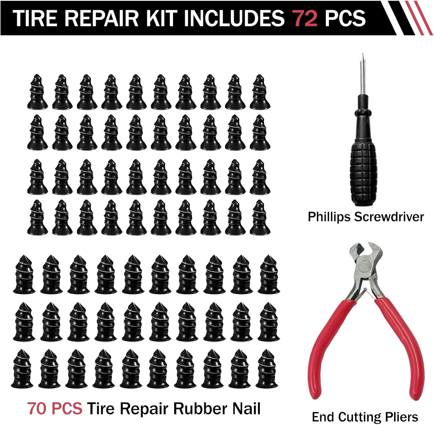 70PCS Tire Repair Rubber Nails,Vacuum Tire Repair Nails,4 Sizes Screw in Tire Plugs Kit with Storage Box & Screwdriver, Fast Self-Service Tire Plug Repair Tool for Car Motorcycle Bike Truck