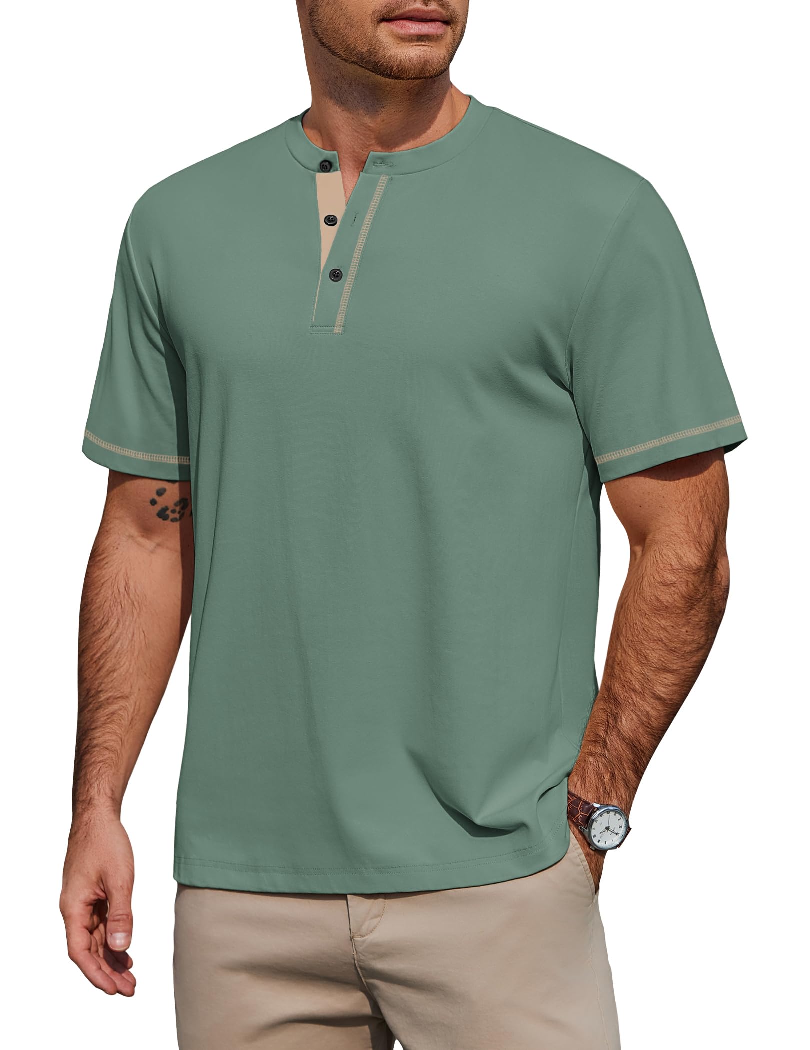 COOFANDY T-Shirt Herren Henley Shirt Kurzarm 95% Baumwolle Sommershirt mit Knopfleiste Color-Blocking Basic Tee