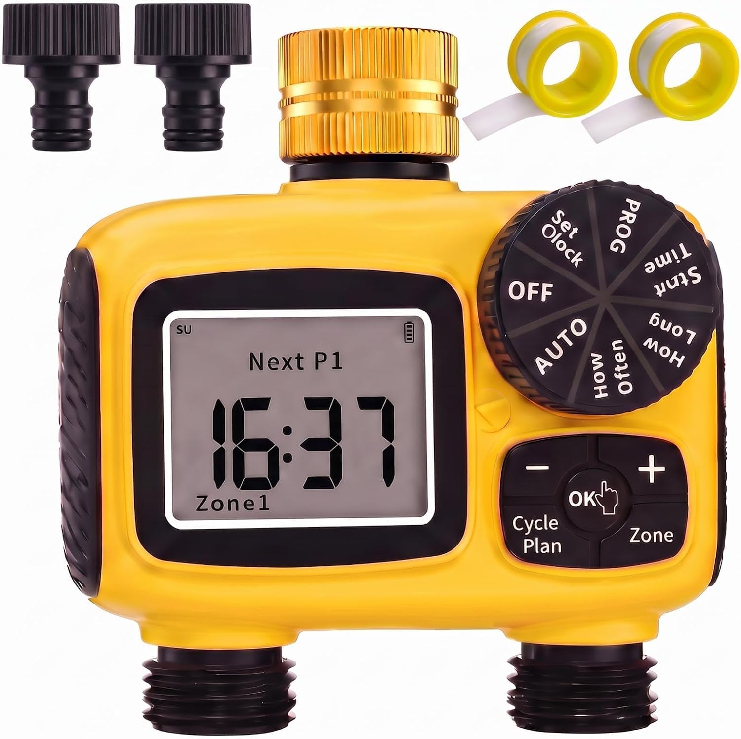 MQUPIN Ordenador de riego, 2 salidas, conexiones de latón | Temporizador de agua LCD con retardo de lluvia, protección para niños, IP55, doble zona, para jardín, césped, huertos