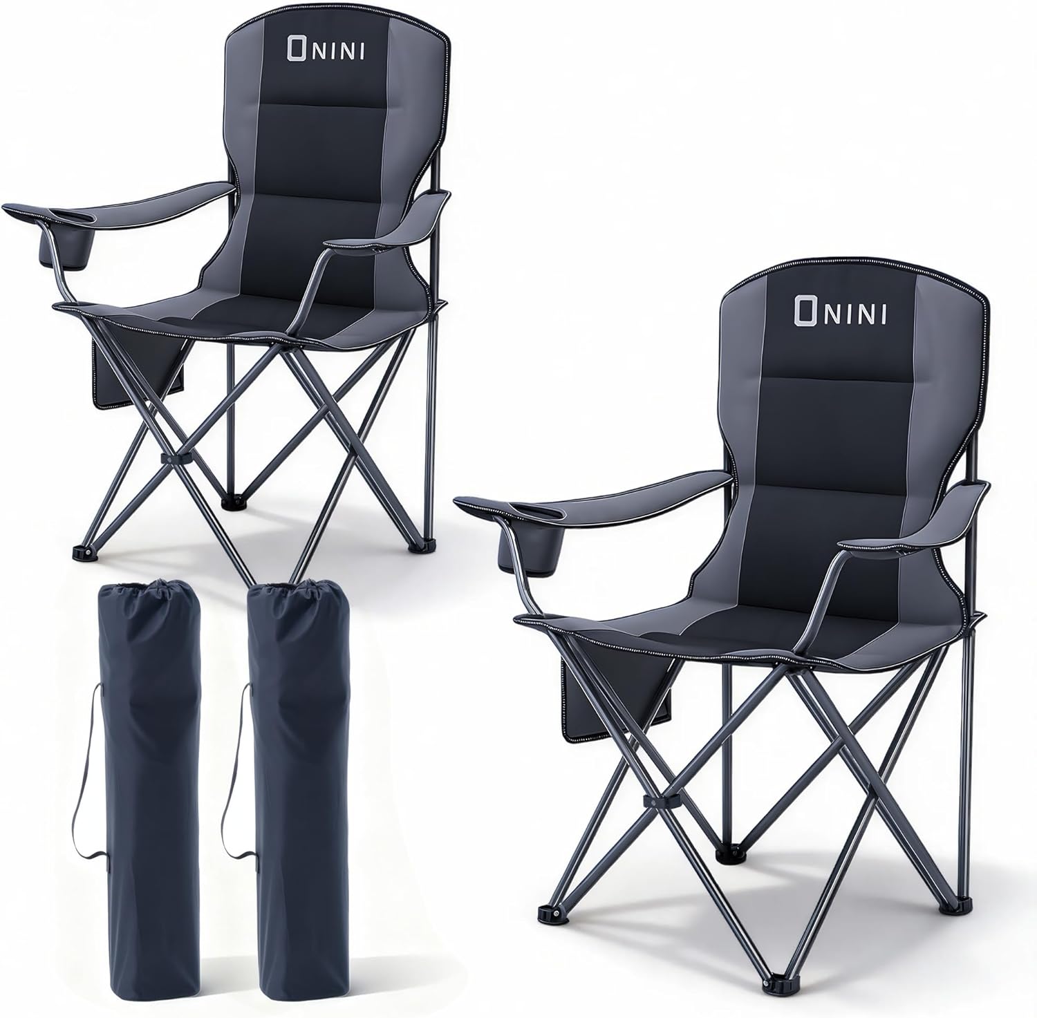 Onini Oversized Camping Folding Chairs Heavy Duty Support 500 LBS Chair with Cup Holder, Storage Bag for Outdoor, Beach, Fishing, Trip, Picnic, Thicken 600D Oxford, 2 Pack